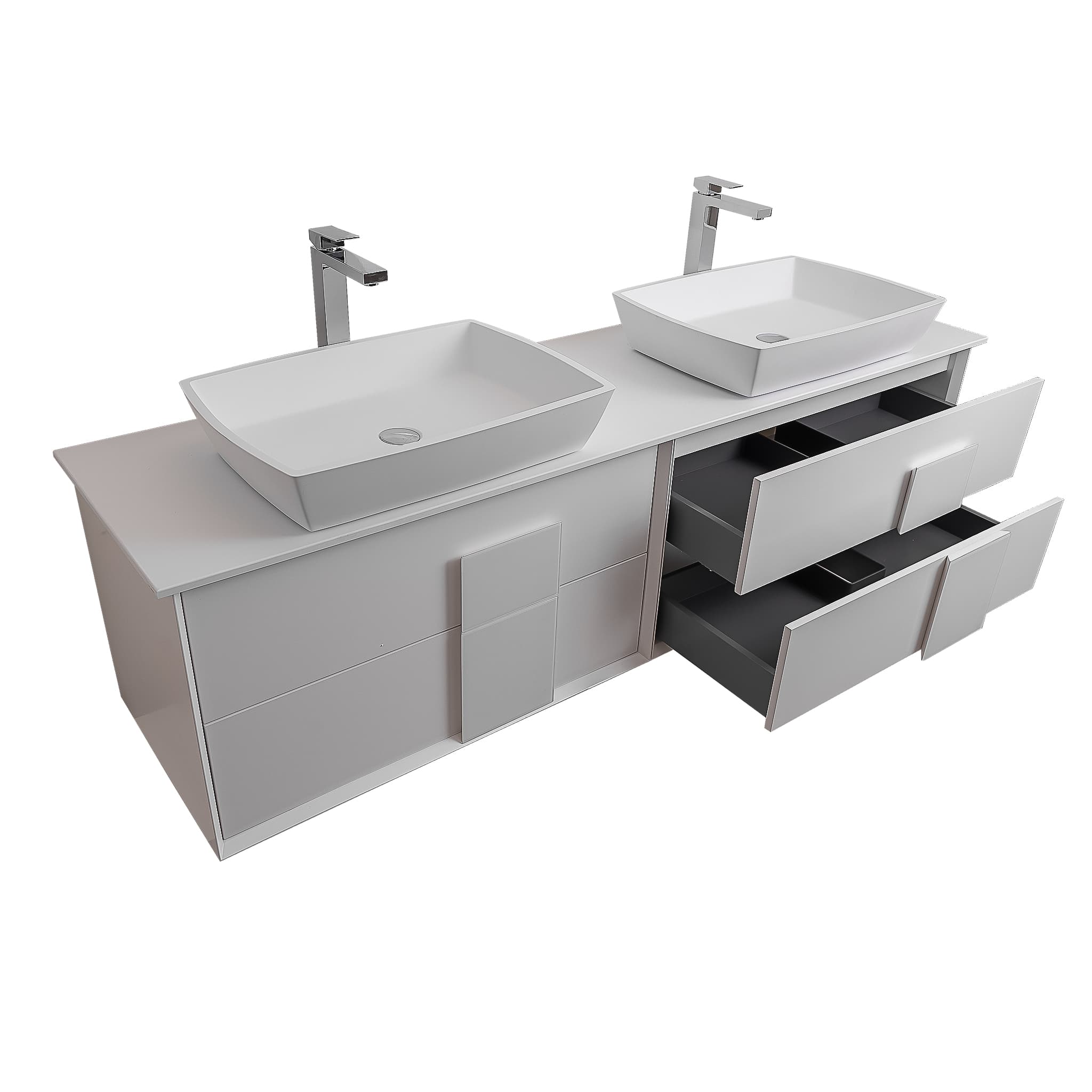 Piazza 63 Matte White With White Handle Cabinet, Solid Surface Flat White Counter and Two Square Solid Surface White Basin 1316, Wall Mounted Modern Vanity Set