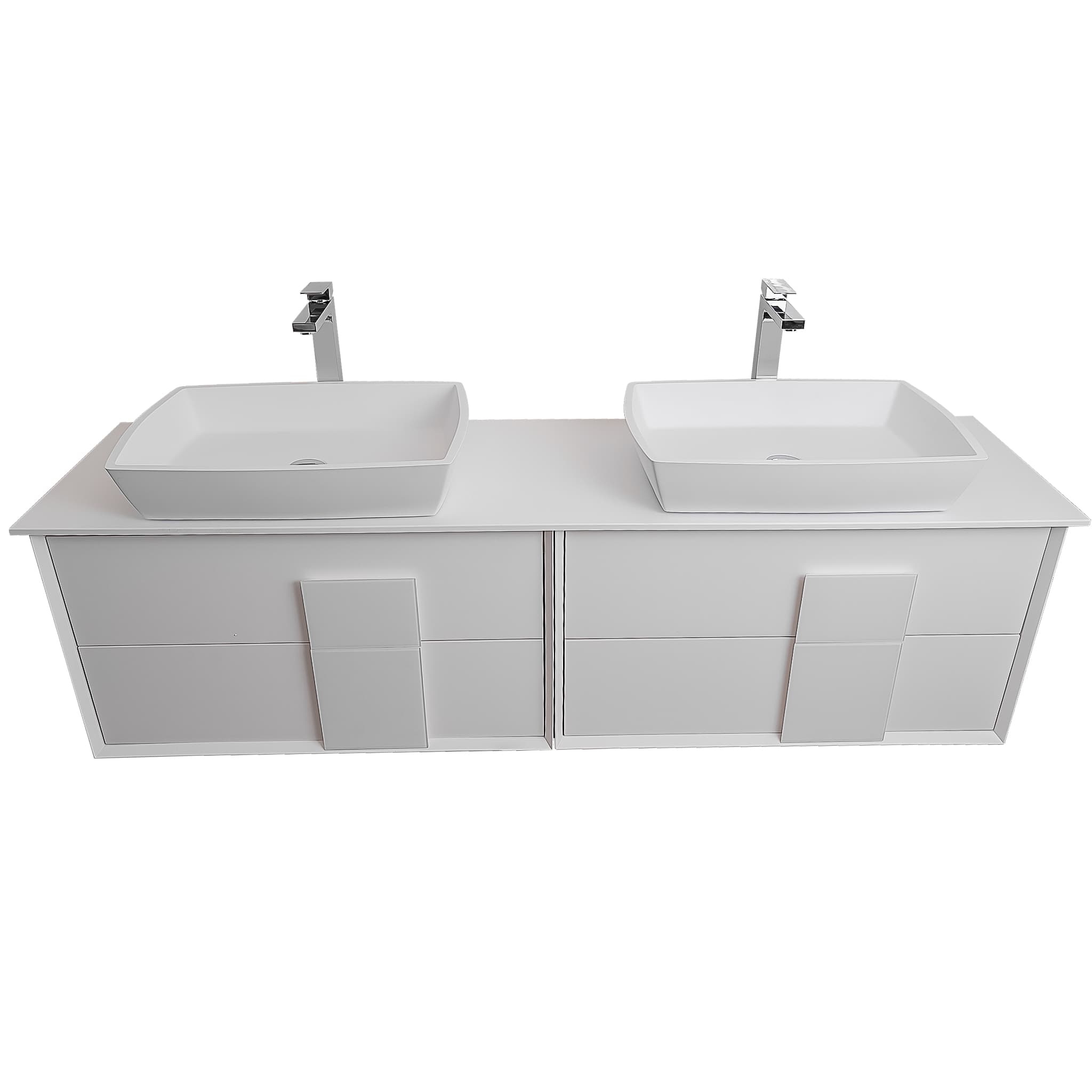 Piazza 63 Matte White With White Handle Cabinet, Solid Surface Flat White Counter and Two Square Solid Surface White Basin 1316, Wall Mounted Modern Vanity Set