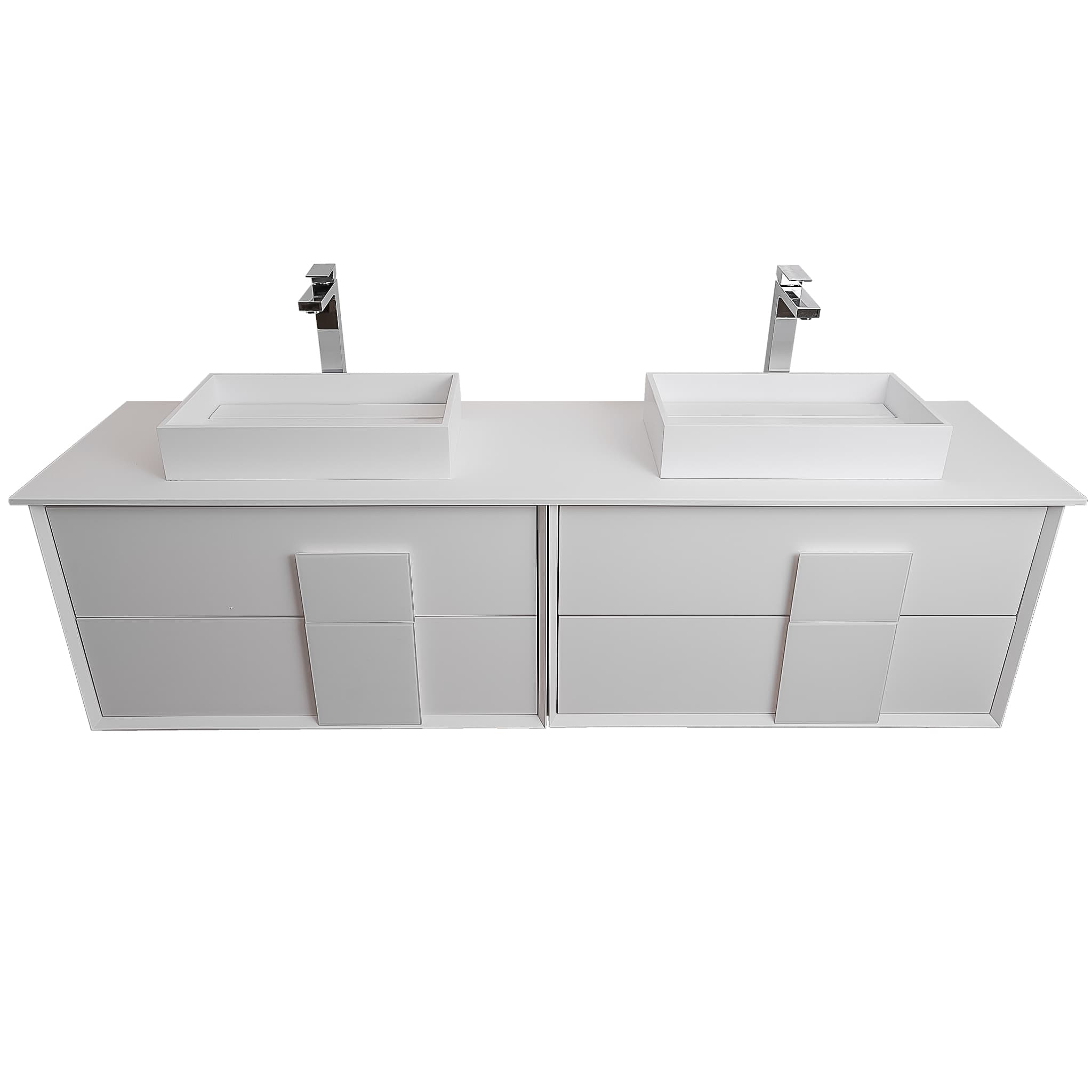Piazza 63 Matte White With White Handle Cabinet, Solid Surface Flat White Counter and Two Infinity Square Solid Surface White Basin 1329, Wall Mounted Modern Vanity Set