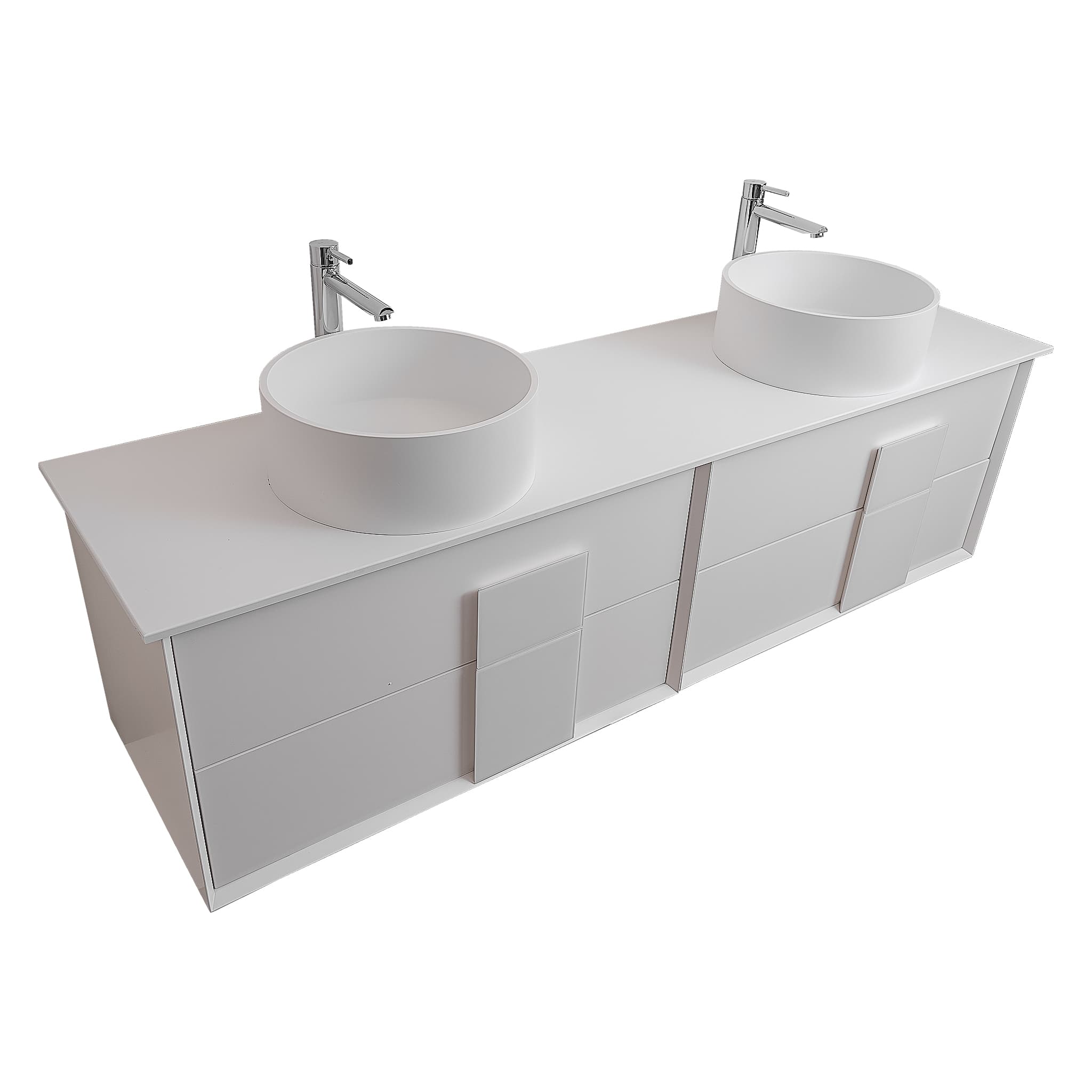 Piazza 63 Matte White With White Handle Cabinet, Solid Surface Flat White Counter and Two Round Solid Surface White Basin 1386, Wall Mounted Modern Vanity Set