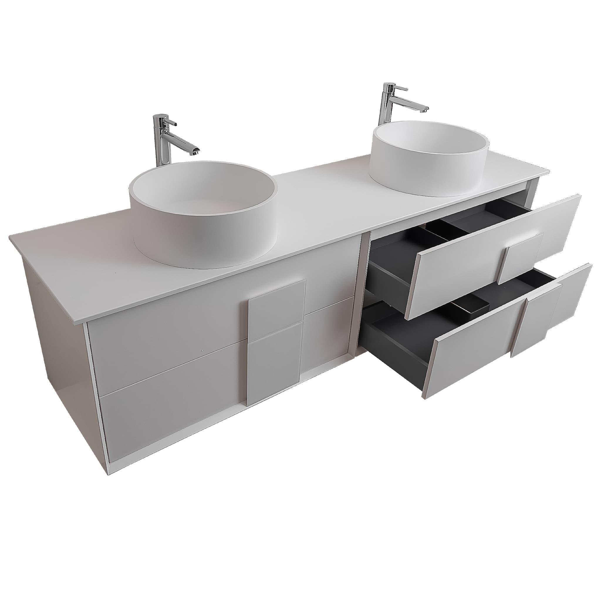 Piazza 63 Matte White With White Handle Cabinet, Solid Surface Flat White Counter and Two Round Solid Surface White Basin 1386, Wall Mounted Modern Vanity Set