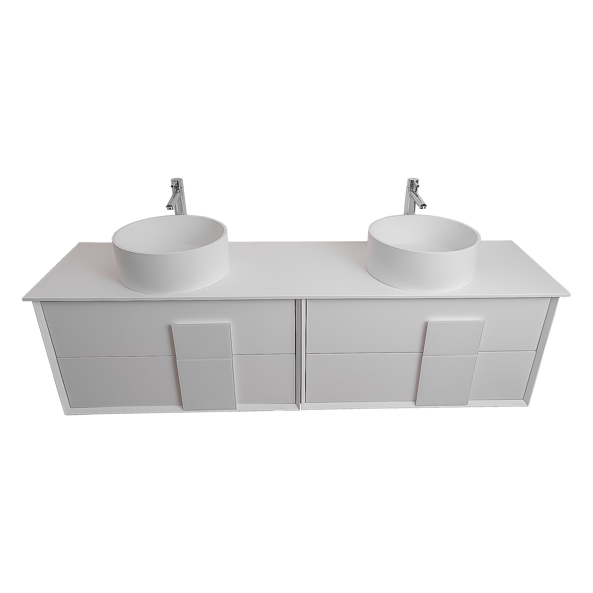 Piazza 63 Matte White With White Handle Cabinet, Solid Surface Flat White Counter and Two Round Solid Surface White Basin 1386, Wall Mounted Modern Vanity Set