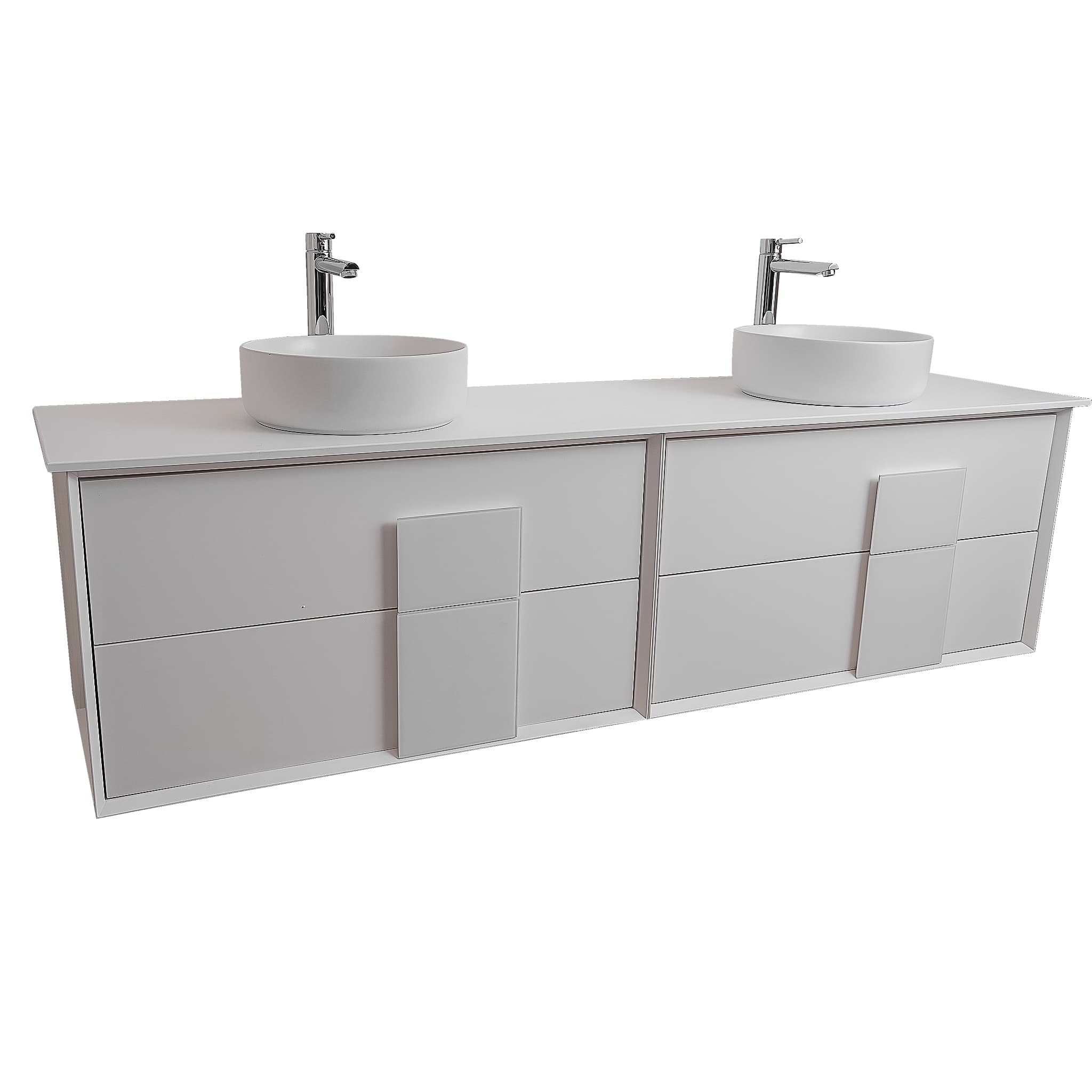 Piazza 63 Matte White With White Handle Cabinet, Ares White Top and Two Ares White Ceramic Basin, Wall Mounted Modern Vanity Set