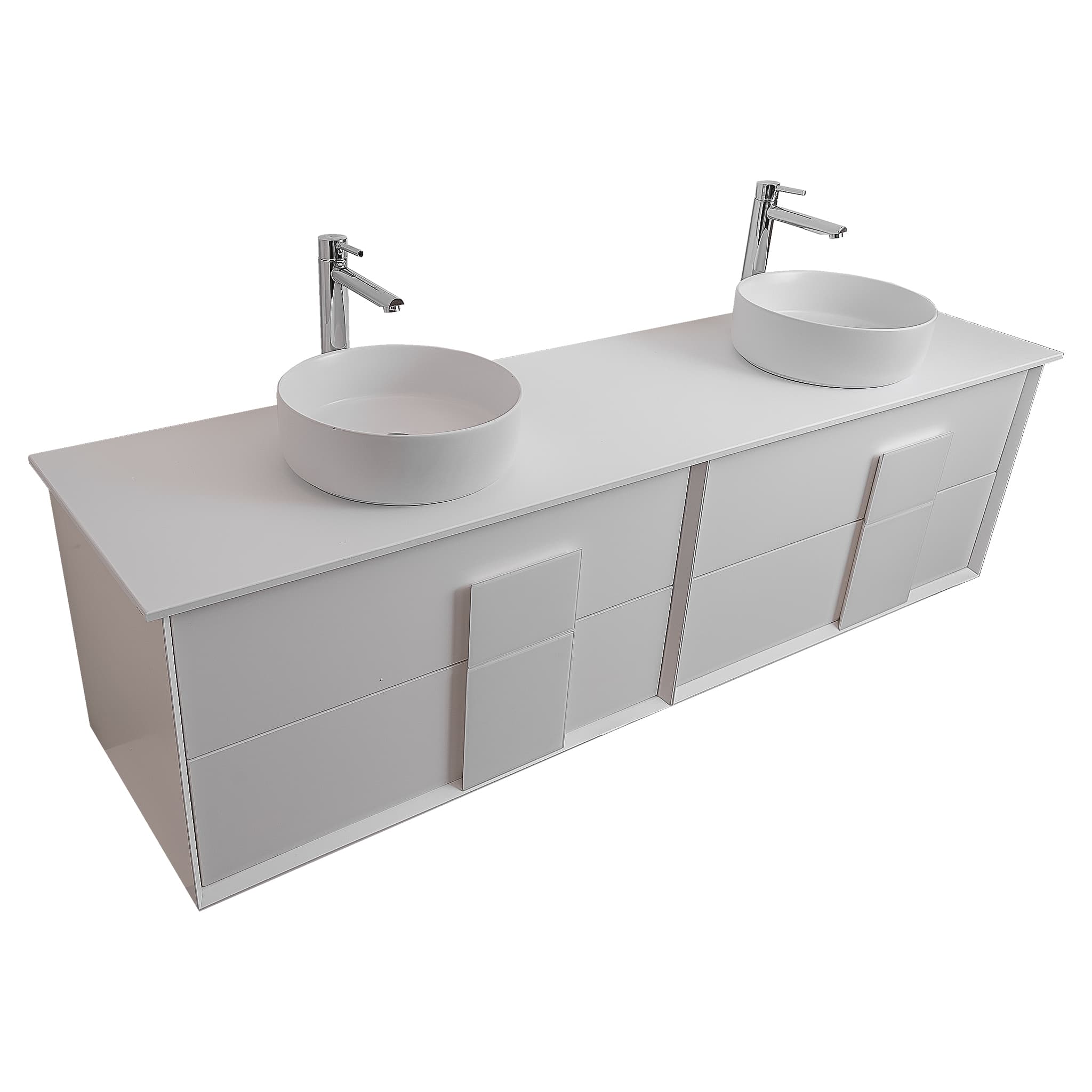 Piazza 63 Matte White With White Handle Cabinet, Ares White Top and Two Ares White Ceramic Basin, Wall Mounted Modern Vanity Set