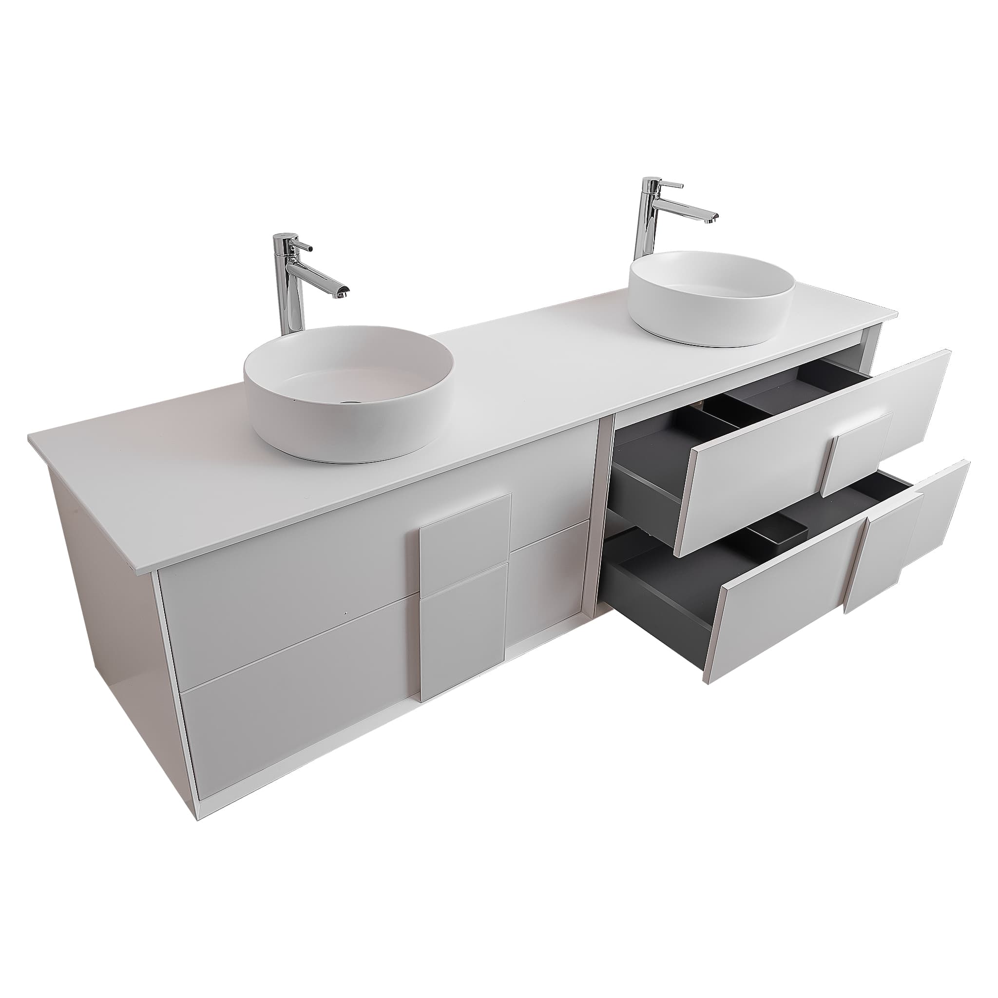 Piazza 63 Matte White With White Handle Cabinet, Ares White Top and Two Ares White Ceramic Basin, Wall Mounted Modern Vanity Set