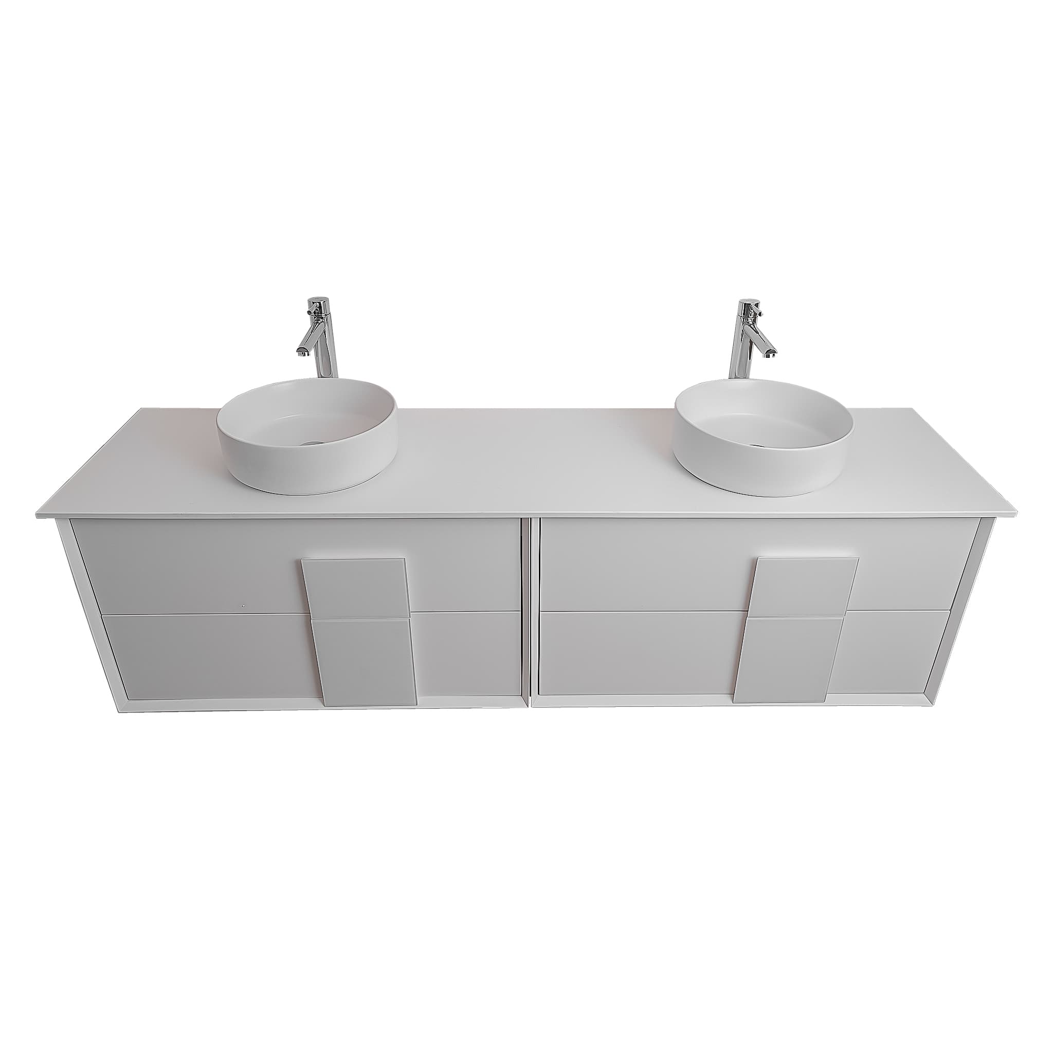 Piazza 63 Matte White With White Handle Cabinet, Ares White Top and Two Ares White Ceramic Basin, Wall Mounted Modern Vanity Set