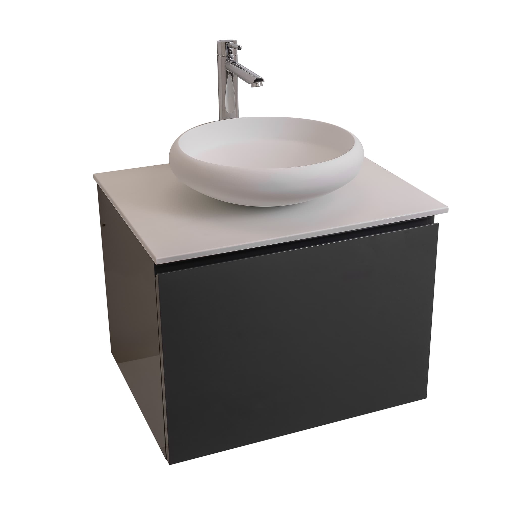 Venice 23.5 Anthracite High Gloss Cabinet, Solid Surface Flat White Counter And Round Solid Surface White Basin 1153, Wall Mounted Modern Vanity Set
