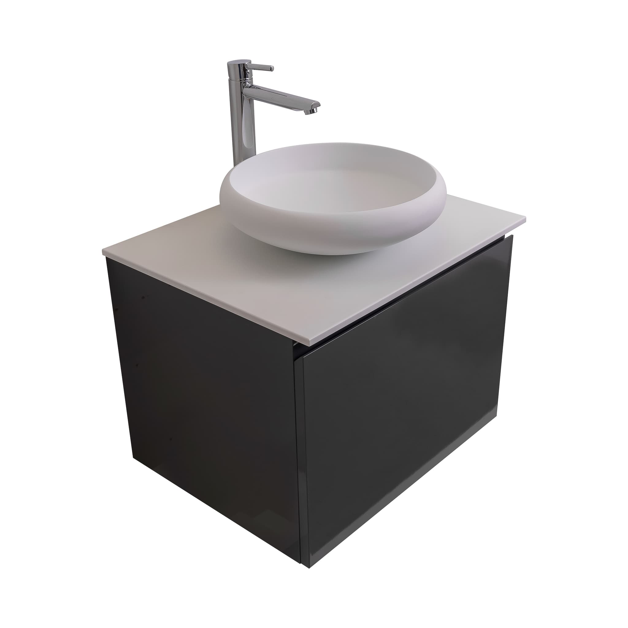 Venice 23.5 Anthracite High Gloss Cabinet, Solid Surface Flat White Counter And Round Solid Surface White Basin 1153, Wall Mounted Modern Vanity Set