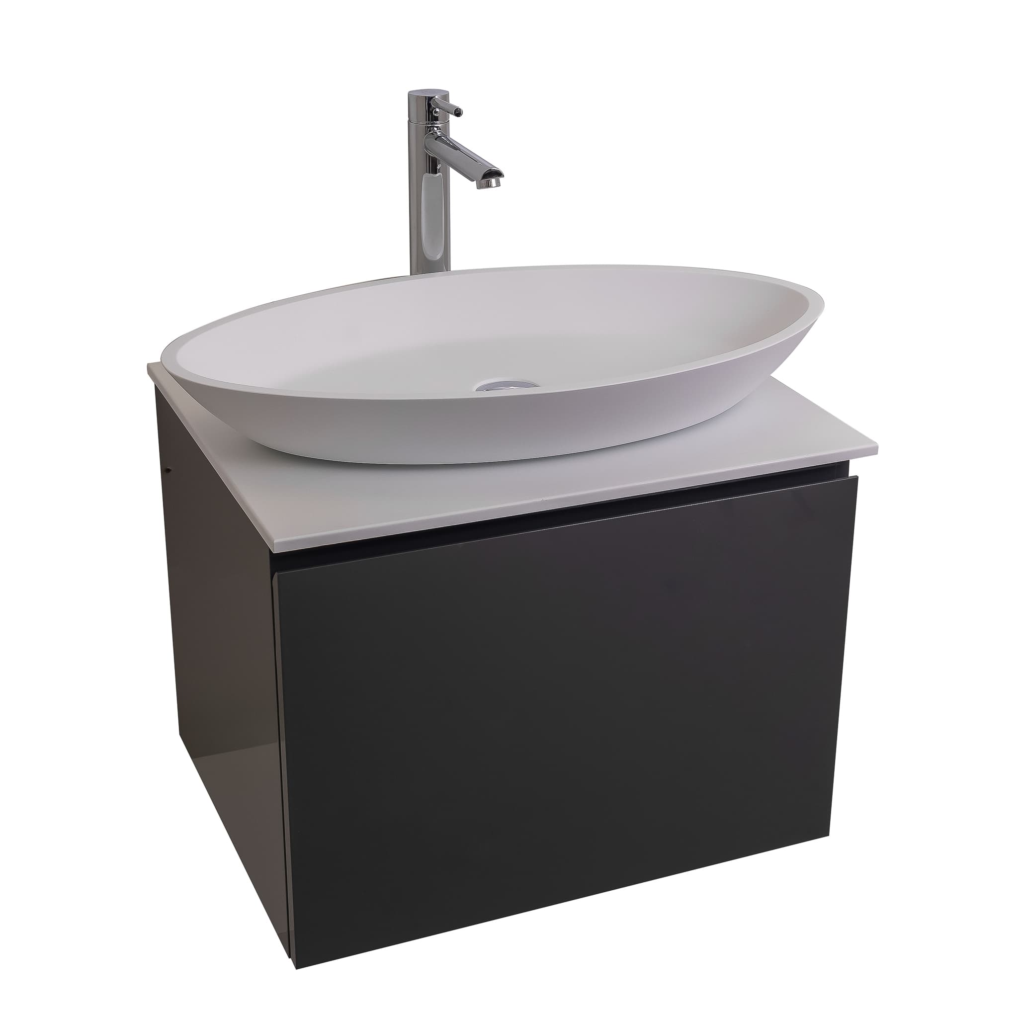 Venice 23.5 Anthracite High Gloss Cabinet, Solid Surface Flat White Counter And Oval Solid Surface White Basin 1305, Wall Mounted Modern Vanity Set