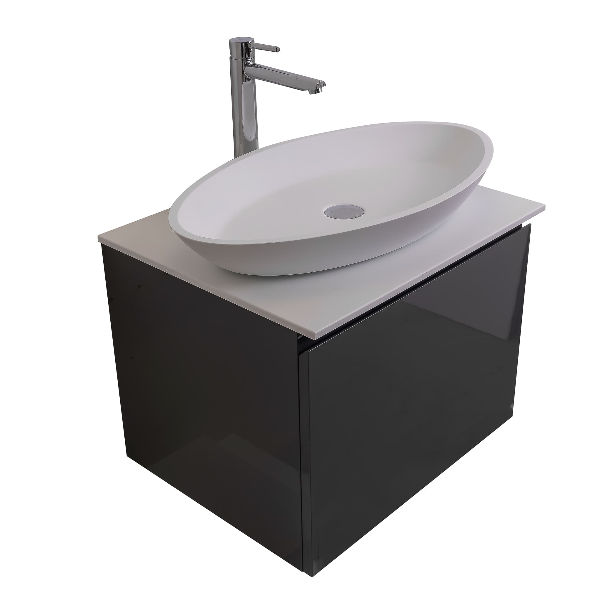 Venice 23.5 Anthracite High Gloss Cabinet, Solid Surface Flat White Counter And Oval Solid Surface White Basin 1305, Wall Mounted Modern Vanity Set