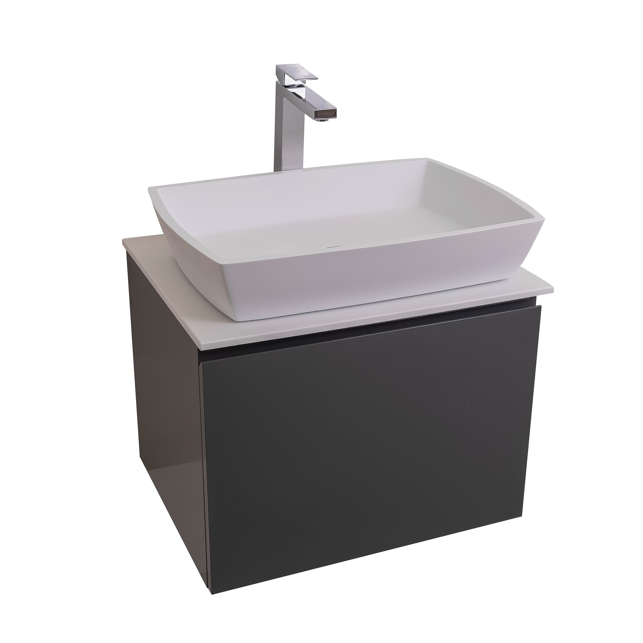 Venice 23.5 Anthracite High Gloss Cabinet, Solid Surface Flat White Counter And Square Solid Surface White Basin 1316, Wall Mounted Modern Vanity Set