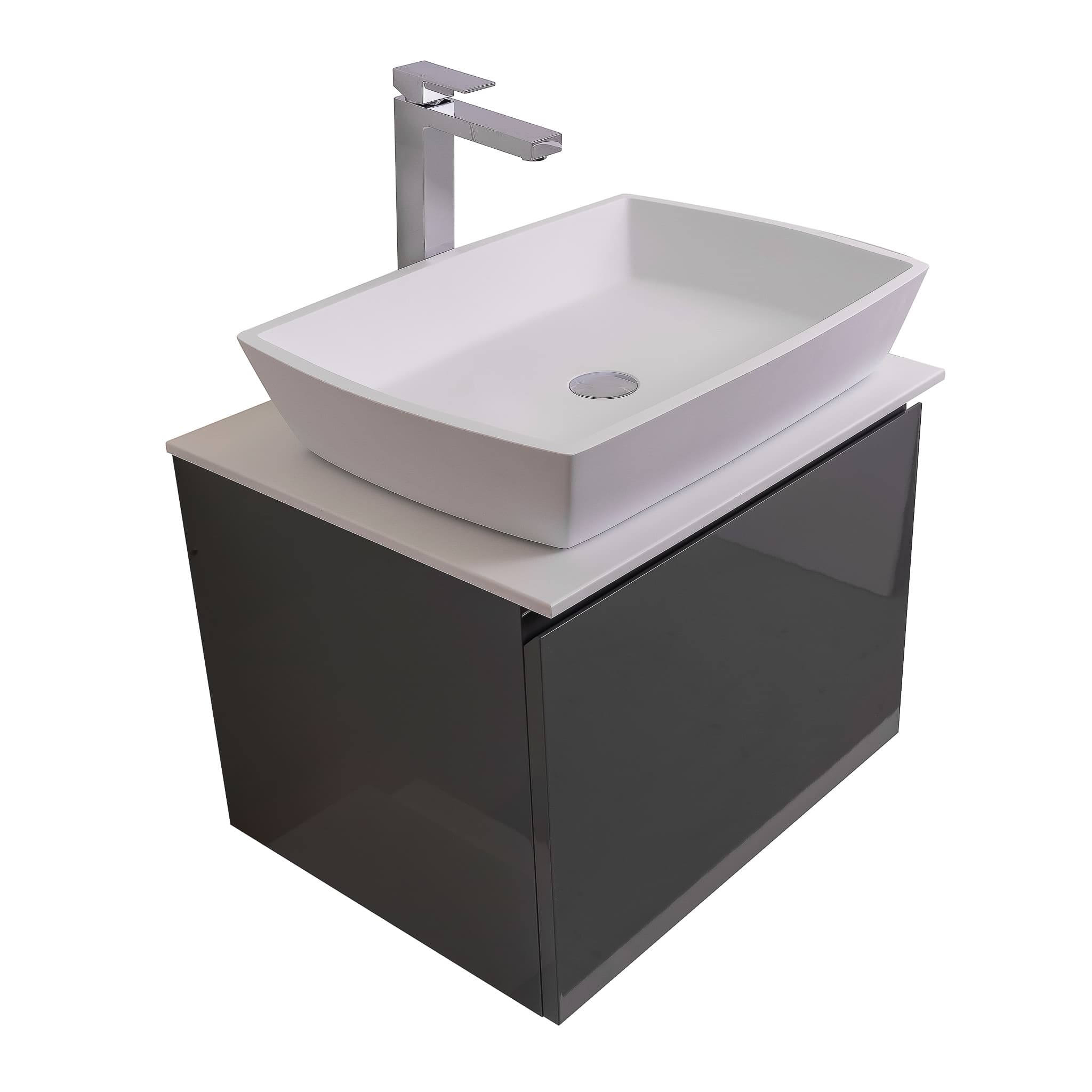 Venice 23.5 Anthracite High Gloss Cabinet, Solid Surface Flat White Counter And Square Solid Surface White Basin 1316, Wall Mounted Modern Vanity Set