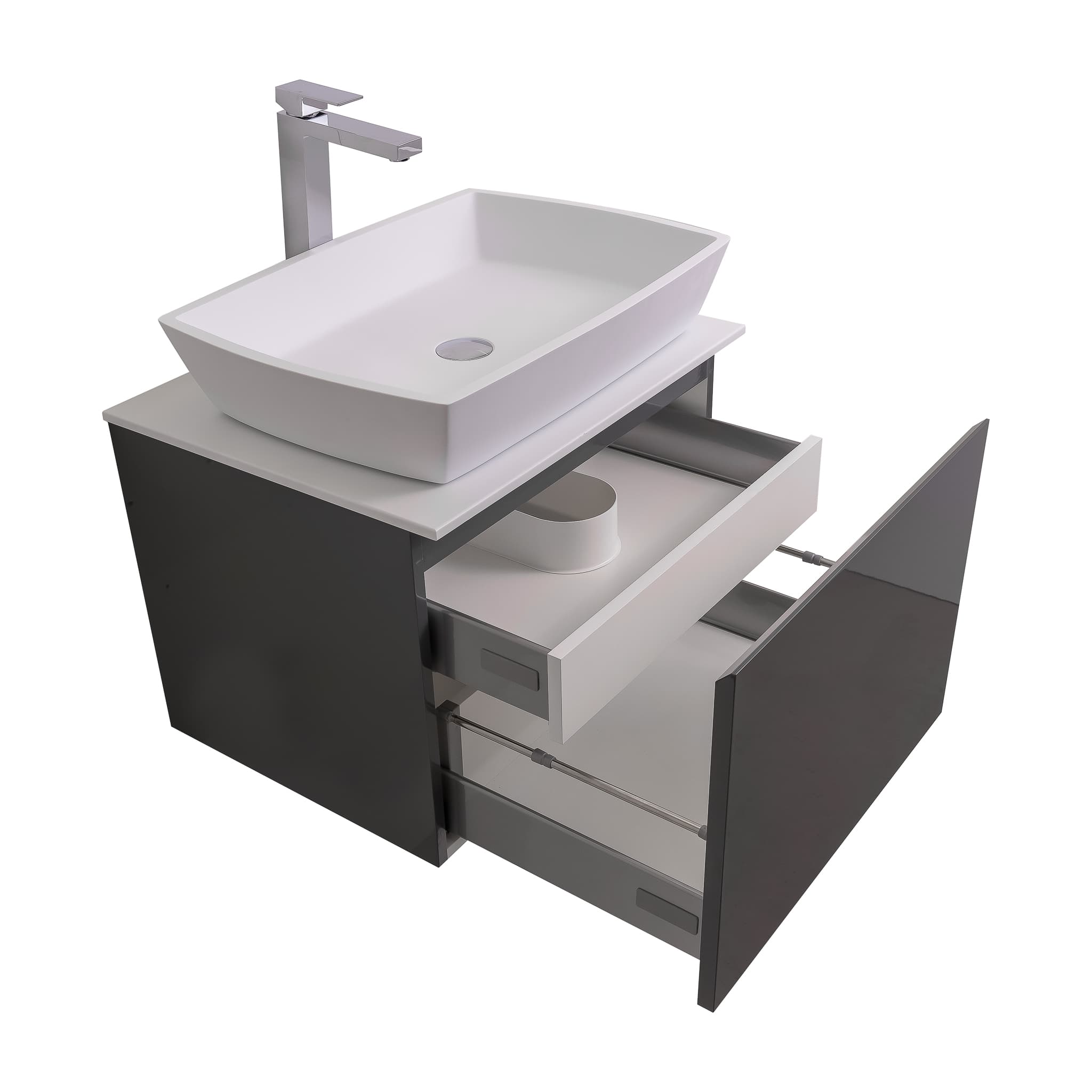 Venice 23.5 Anthracite High Gloss Cabinet, Solid Surface Flat White Counter And Square Solid Surface White Basin 1316, Wall Mounted Modern Vanity Set