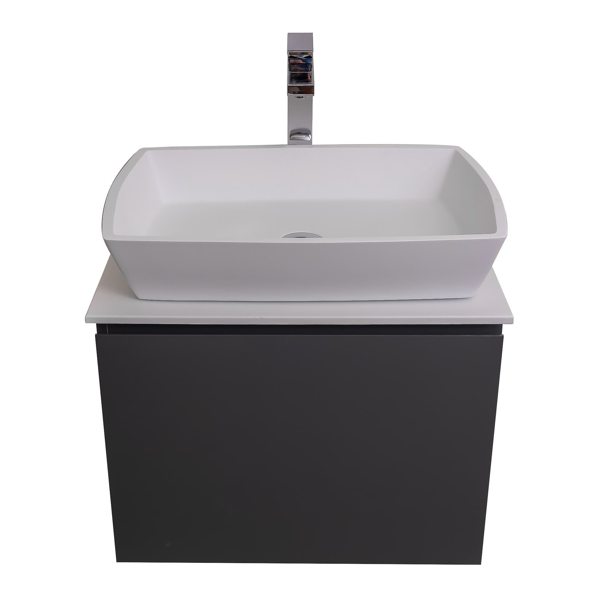 Venice 23.5 Anthracite High Gloss Cabinet, Solid Surface Flat White Counter And Square Solid Surface White Basin 1316, Wall Mounted Modern Vanity Set