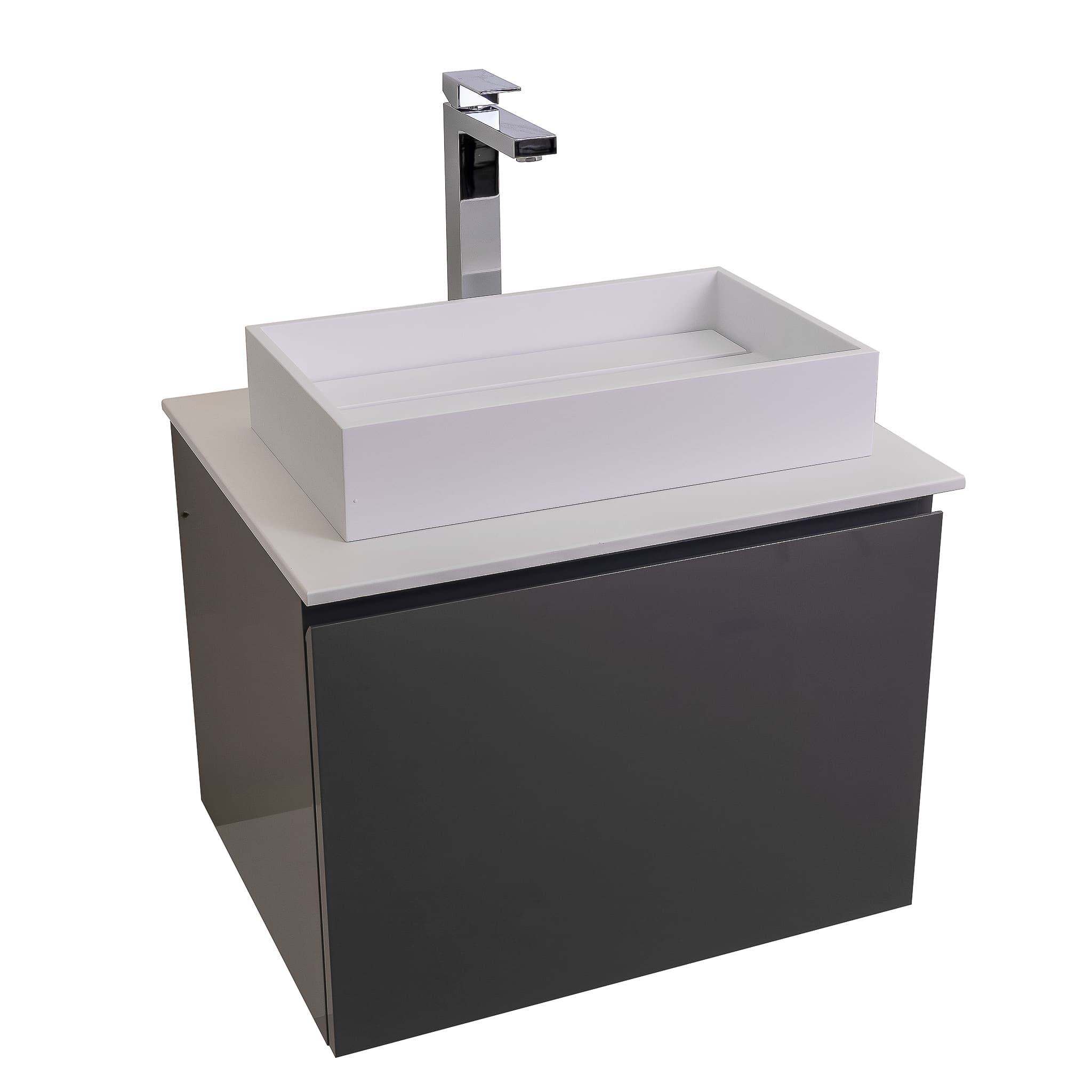 Venice 23.5 Anthracite High Gloss Cabinet, Solid Surface Flat White Counter And Infinity Square Solid Surface White Basin 1329, Wall Mounted Modern Vanity Set