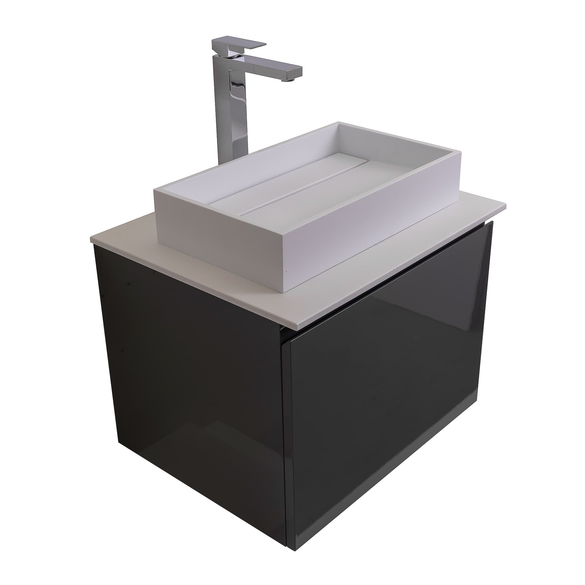 Venice 23.5 Anthracite High Gloss Cabinet, Solid Surface Flat White Counter And Infinity Square Solid Surface White Basin 1329, Wall Mounted Modern Vanity Set