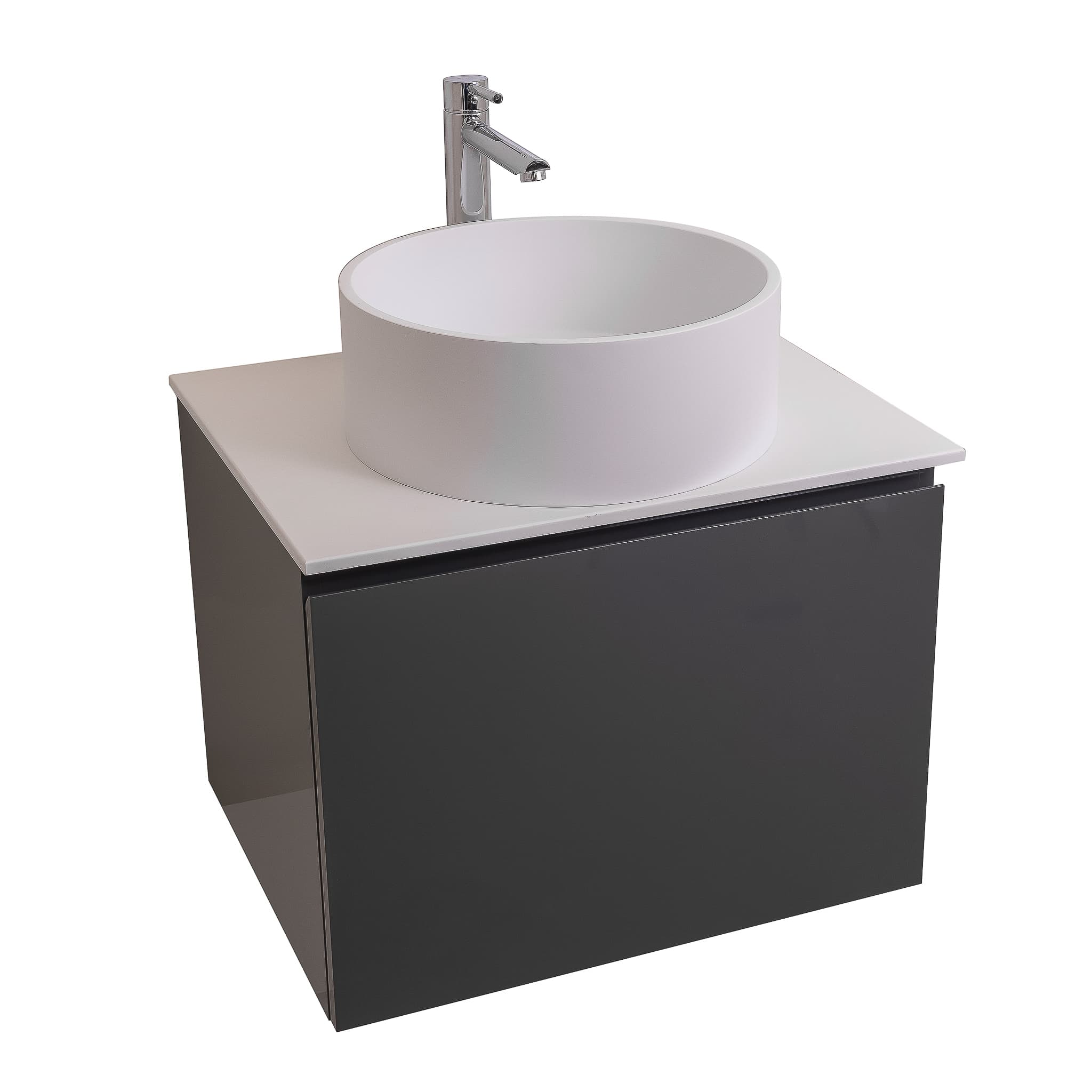 Venice 23.5 Anthracite High Gloss Cabinet, Solid Surface Flat White Counter And Round Solid Surface White Basin 1386, Wall Mounted Modern Vanity Set