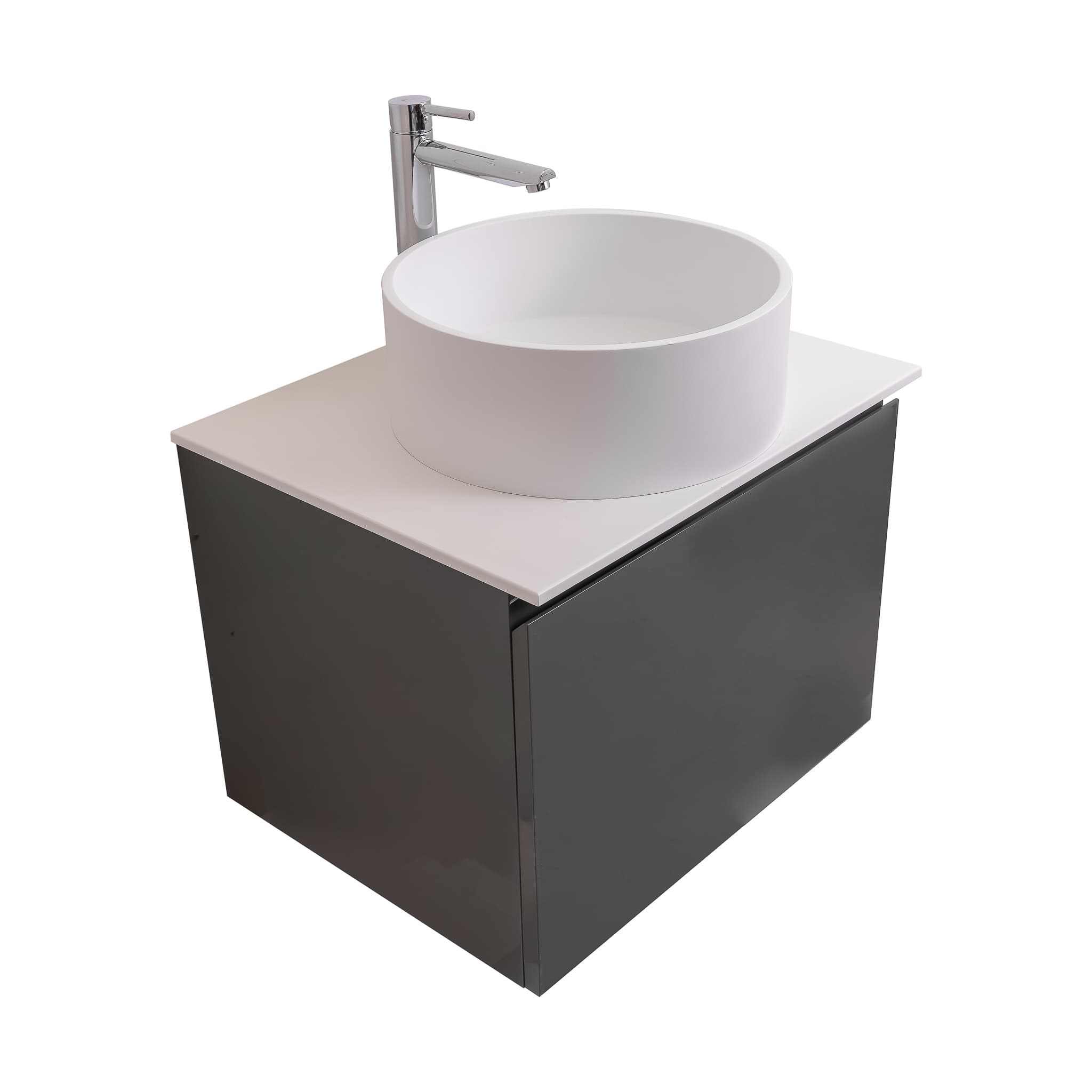 Venice 23.5 Anthracite High Gloss Cabinet, Solid Surface Flat White Counter And Round Solid Surface White Basin 1386, Wall Mounted Modern Vanity Set