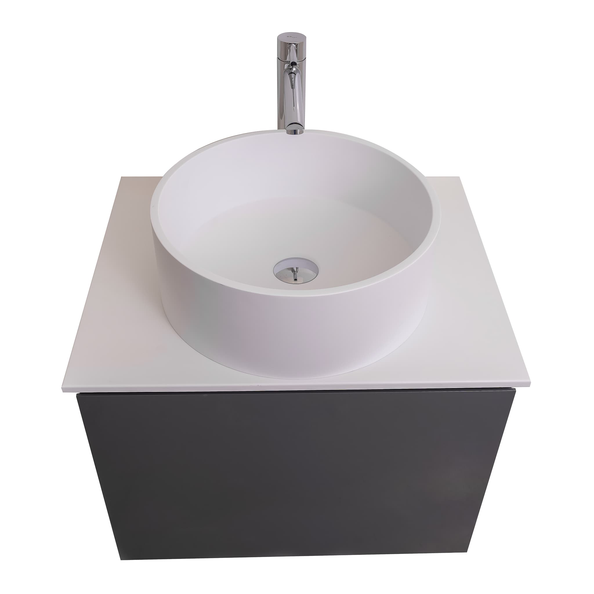 Venice 23.5 Anthracite High Gloss Cabinet, Solid Surface Flat White Counter And Round Solid Surface White Basin 1386, Wall Mounted Modern Vanity Set