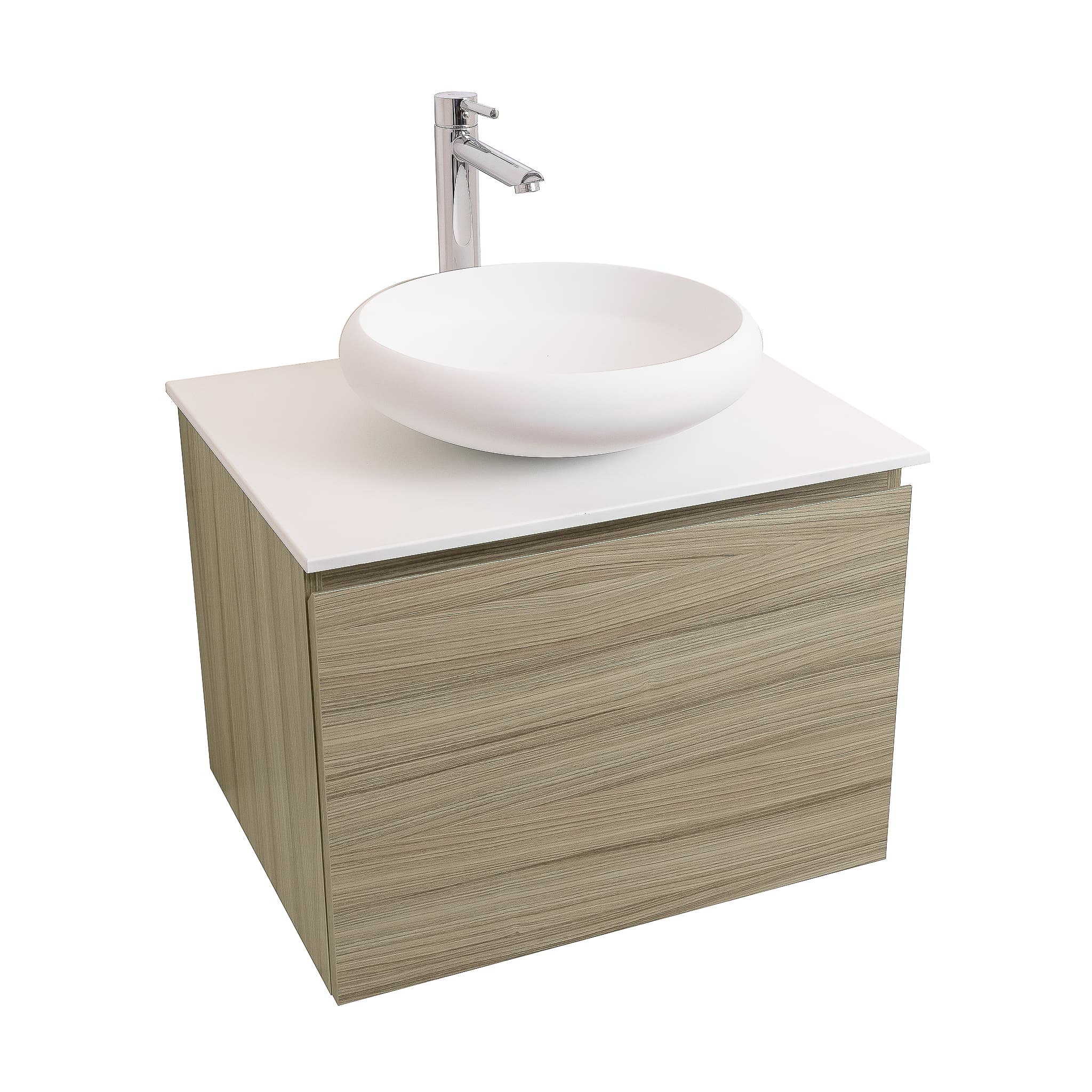 Venice 23.5 Nilo Grey Wood Texture Cabinet, Solid Surface Flat White Counter And Round Solid Surface White Basin 1153, Wall Mounted Modern Vanity Set