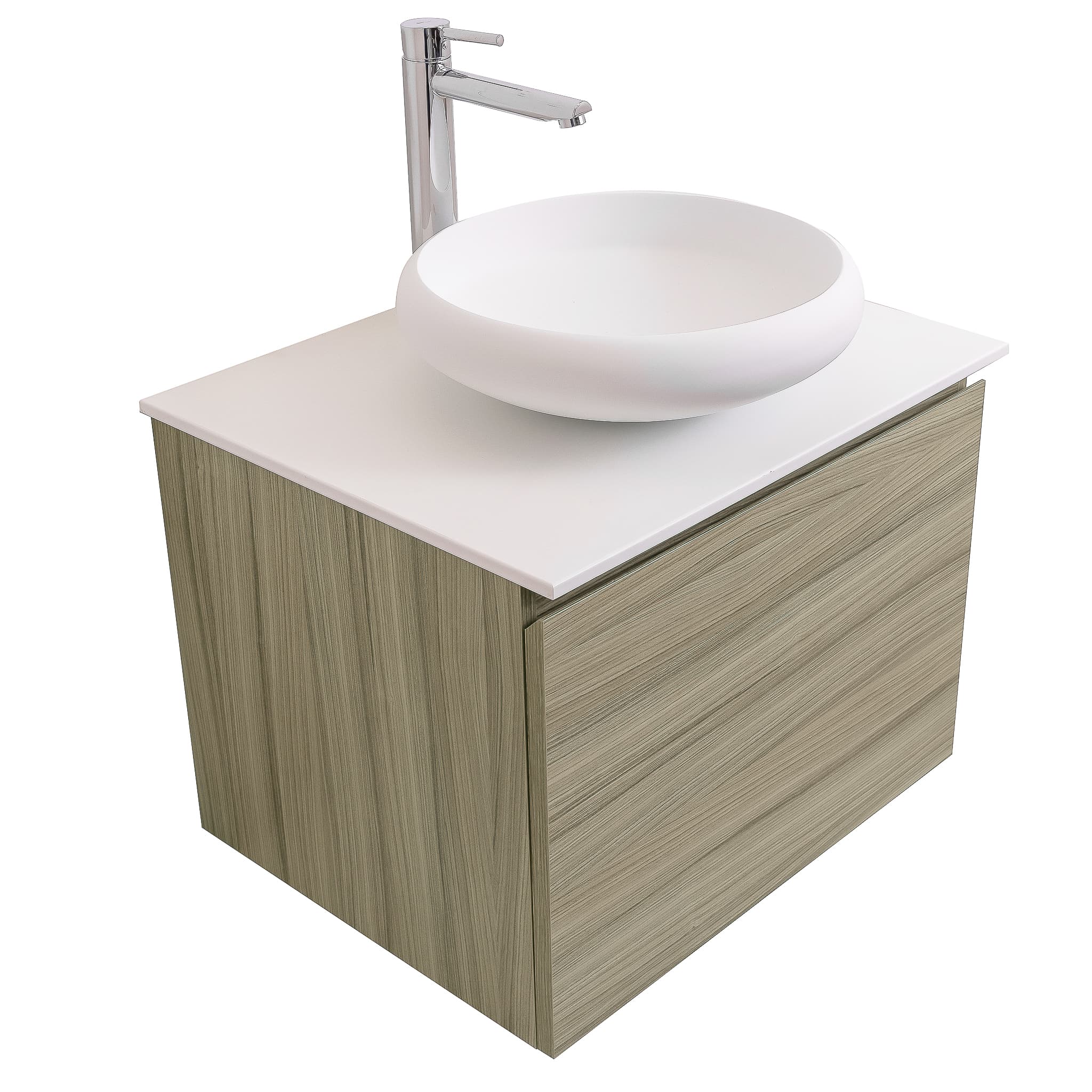 Venice 23.5 Nilo Grey Wood Texture Cabinet, Solid Surface Flat White Counter And Round Solid Surface White Basin 1153, Wall Mounted Modern Vanity Set