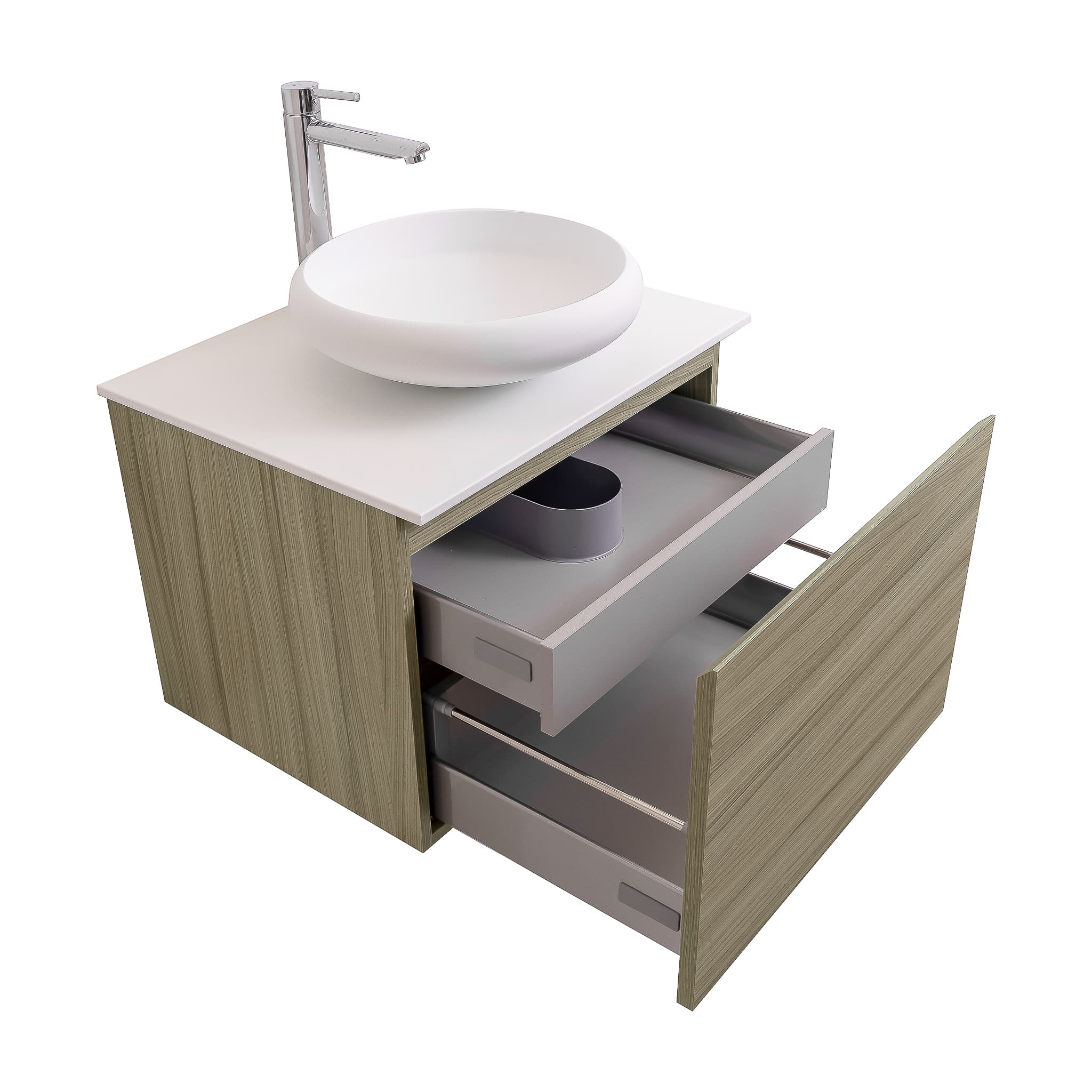 Venice 23.5 Nilo Grey Wood Texture Cabinet, Solid Surface Flat White Counter And Round Solid Surface White Basin 1153, Wall Mounted Modern Vanity Set