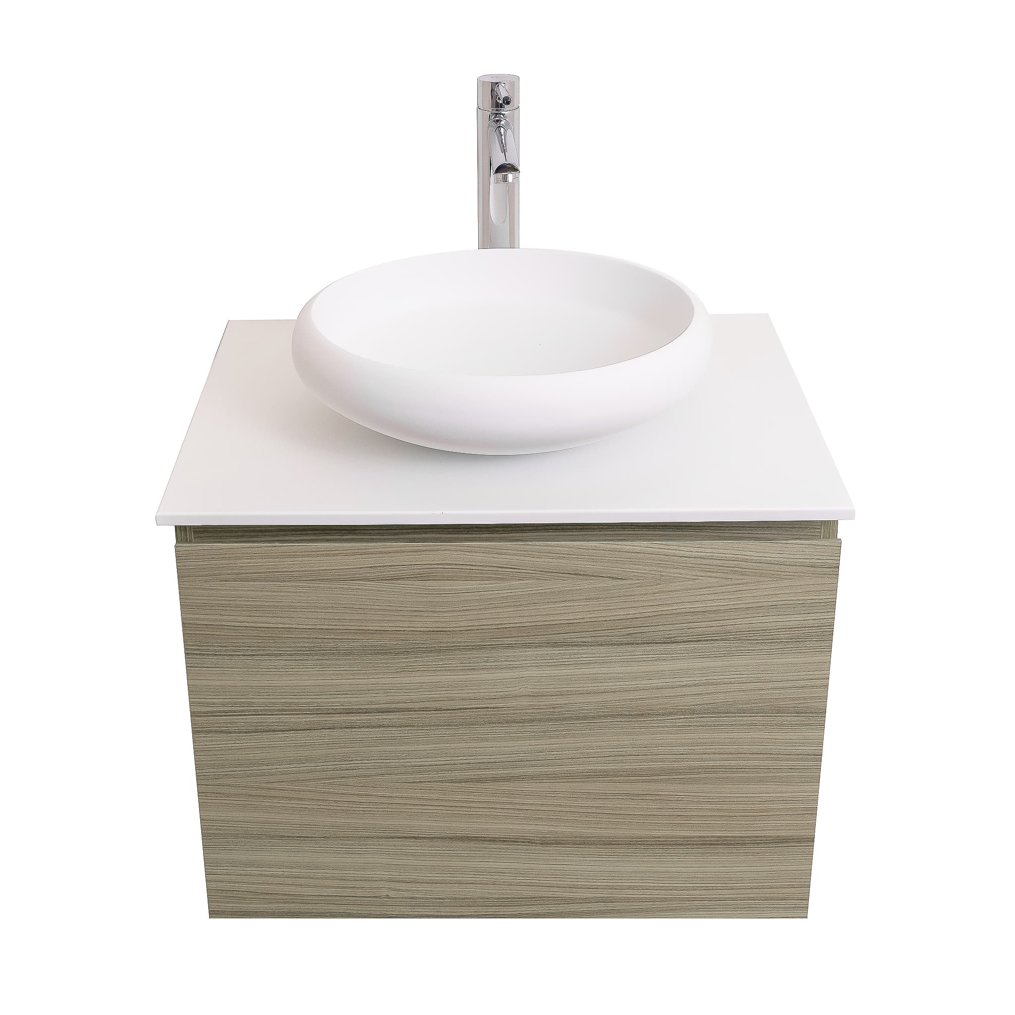 Venice 23.5 Nilo Grey Wood Texture Cabinet, Solid Surface Flat White Counter And Round Solid Surface White Basin 1153, Wall Mounted Modern Vanity Set