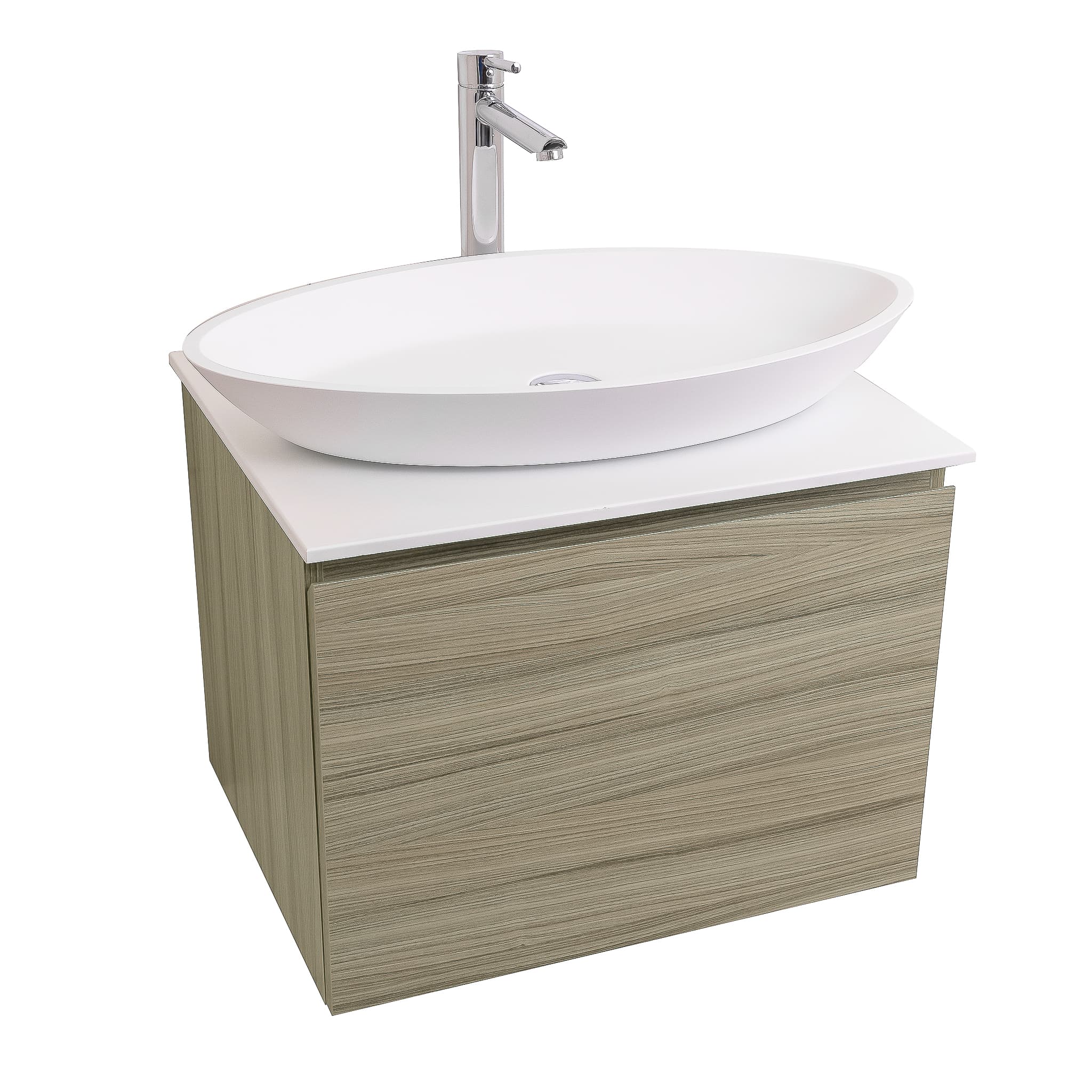 Venice 23.5 Nilo Grey Wood Texture Cabinet, Solid Surface Flat White Counter And Oval Solid Surface White Basin 1305, Wall Mounted Modern Vanity Set