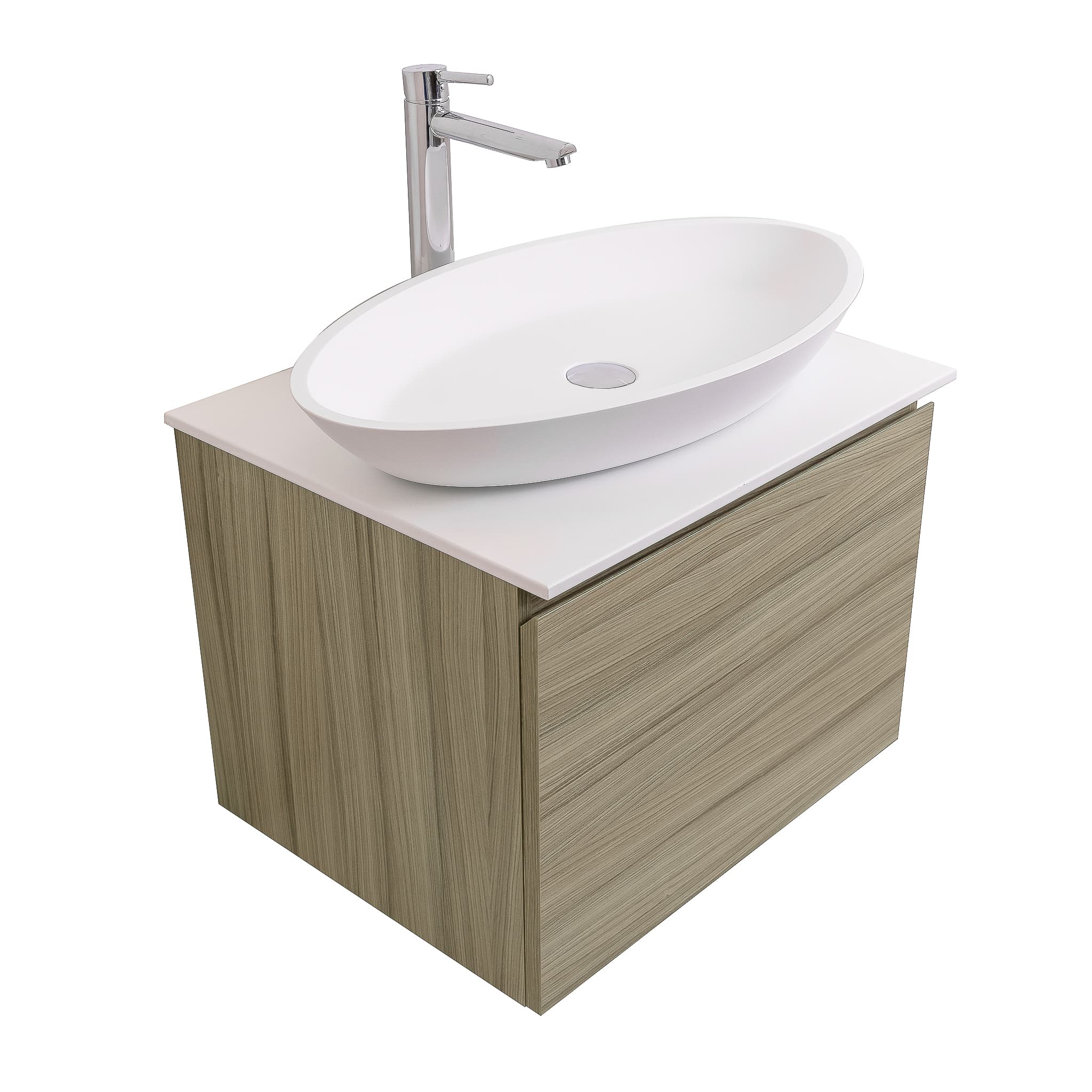 Venice 23.5 Nilo Grey Wood Texture Cabinet, Solid Surface Flat White Counter And Oval Solid Surface White Basin 1305, Wall Mounted Modern Vanity Set