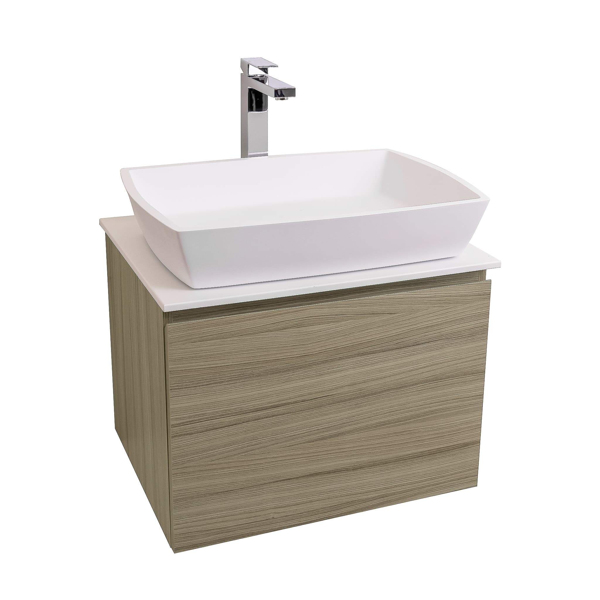 Venice 23.5 Nilo Grey Wood Texture Cabinet, Solid Surface Flat White Counter And Square Solid Surface White Basin 1316, Wall Mounted Modern Vanity Set