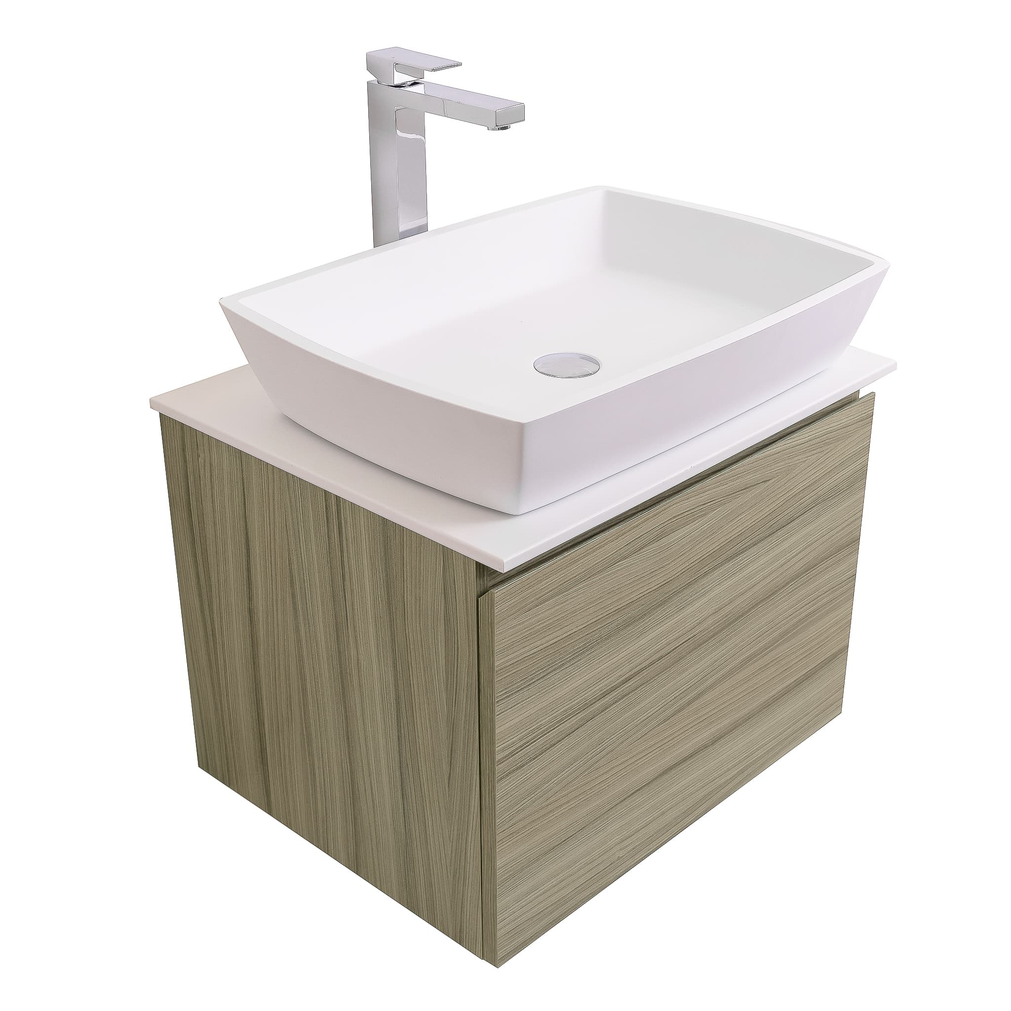 Venice 23.5 Nilo Grey Wood Texture Cabinet, Solid Surface Flat White Counter And Square Solid Surface White Basin 1316, Wall Mounted Modern Vanity Set