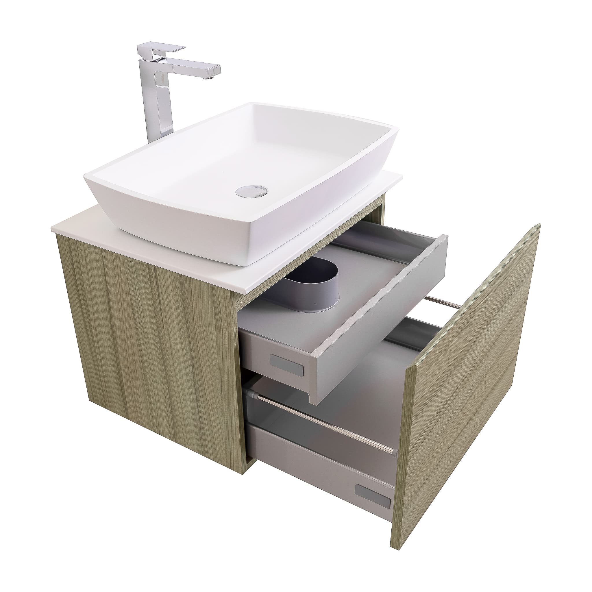 Venice 23.5 Nilo Grey Wood Texture Cabinet, Solid Surface Flat White Counter And Square Solid Surface White Basin 1316, Wall Mounted Modern Vanity Set