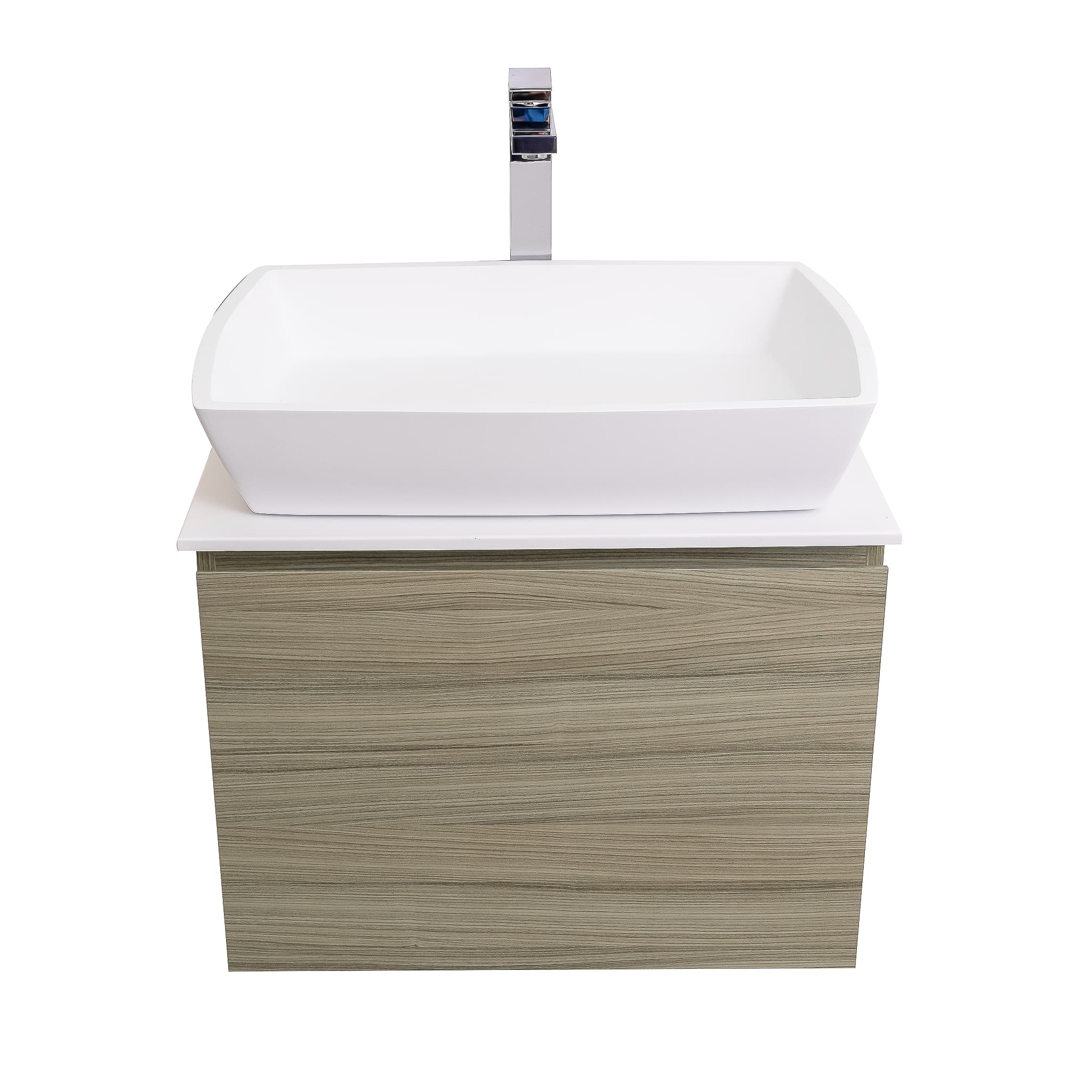 Venice 23.5 Nilo Grey Wood Texture Cabinet, Solid Surface Flat White Counter And Square Solid Surface White Basin 1316, Wall Mounted Modern Vanity Set