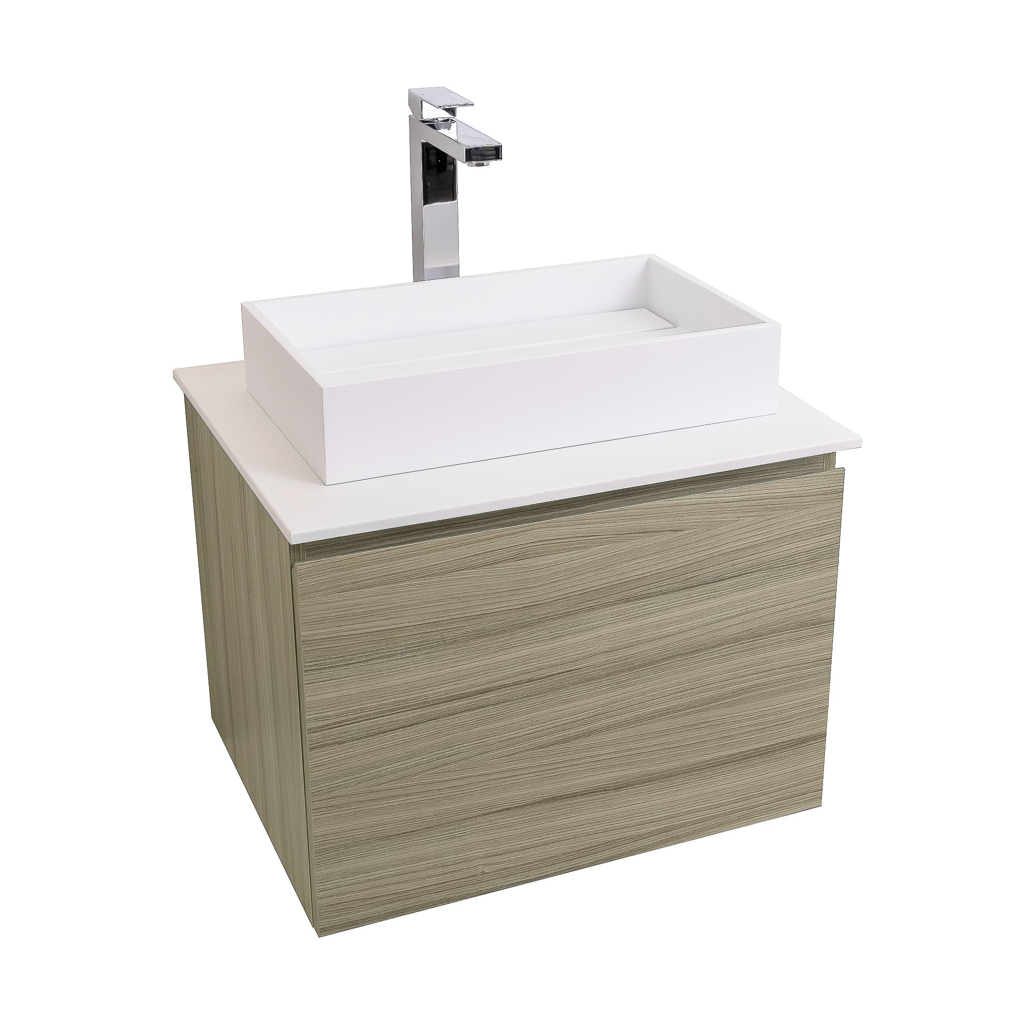 Venice 23.5 Nilo Grey Wood Texture Cabinet, Solid Surface Flat White Counter And Infinity Square Solid Surface White Basin 1329, Wall Mounted Modern Vanity Set