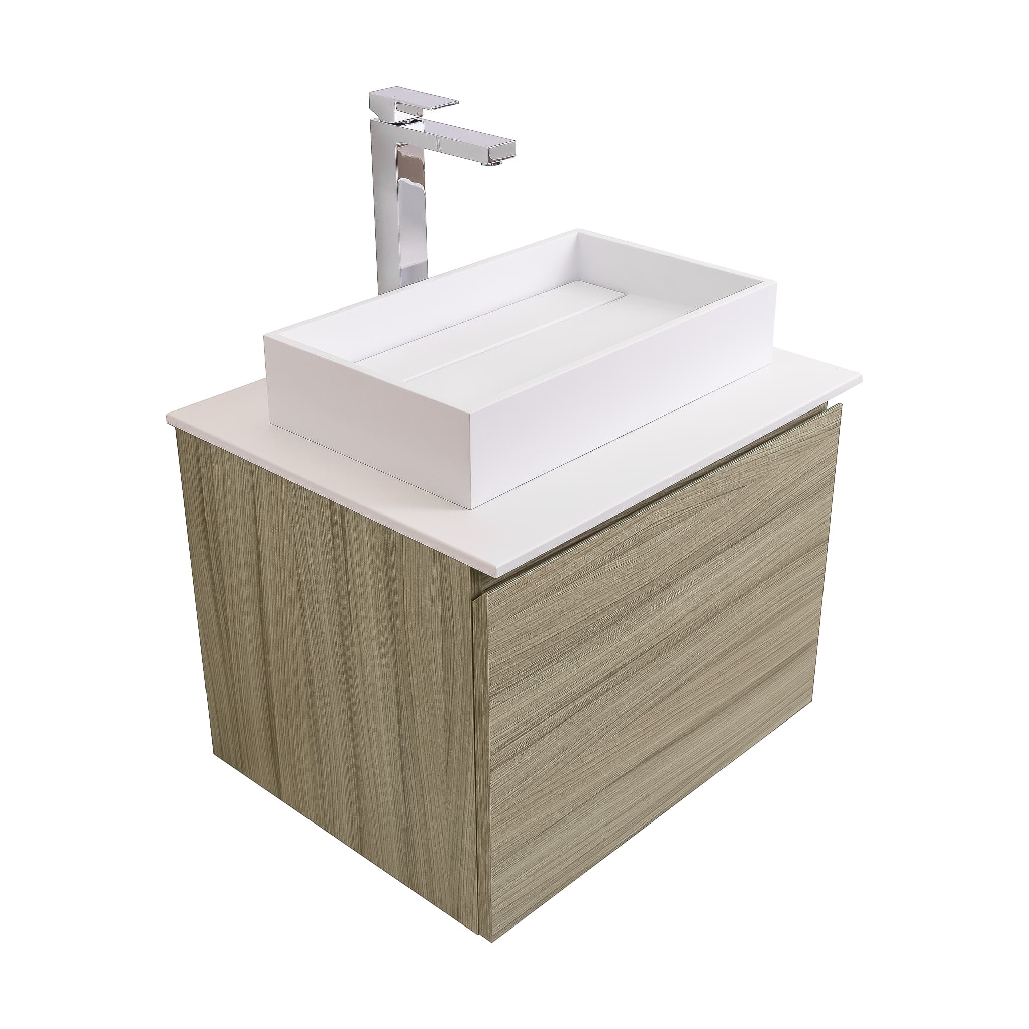 Venice 23.5 Nilo Grey Wood Texture Cabinet, Solid Surface Flat White Counter And Infinity Square Solid Surface White Basin 1329, Wall Mounted Modern Vanity Set