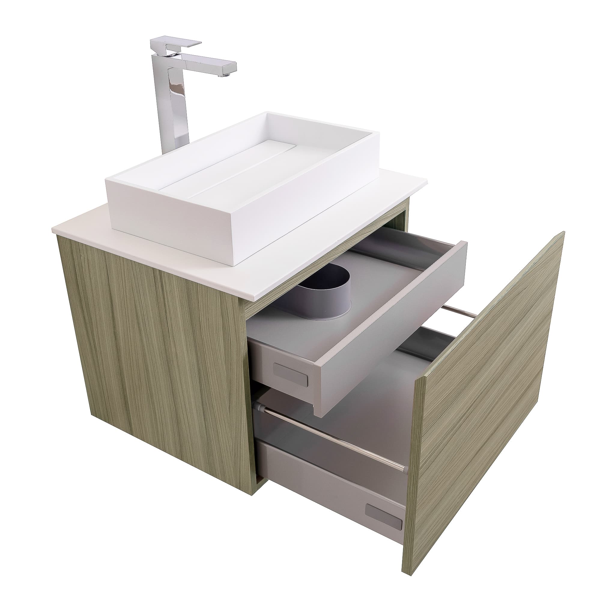 Venice 23.5 Nilo Grey Wood Texture Cabinet, Solid Surface Flat White Counter And Infinity Square Solid Surface White Basin 1329, Wall Mounted Modern Vanity Set