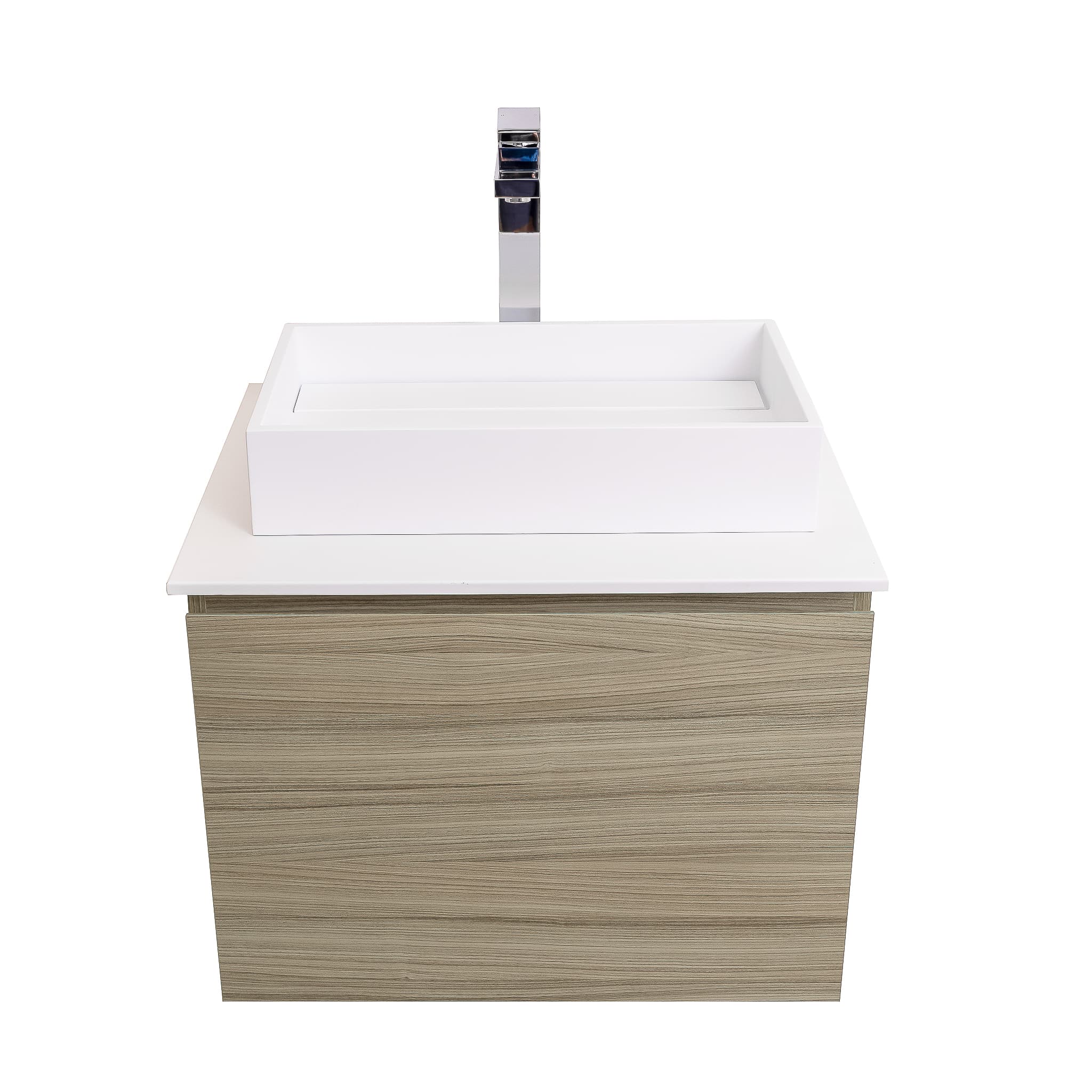 Venice 23.5 Nilo Grey Wood Texture Cabinet, Solid Surface Flat White Counter And Infinity Square Solid Surface White Basin 1329, Wall Mounted Modern Vanity Set