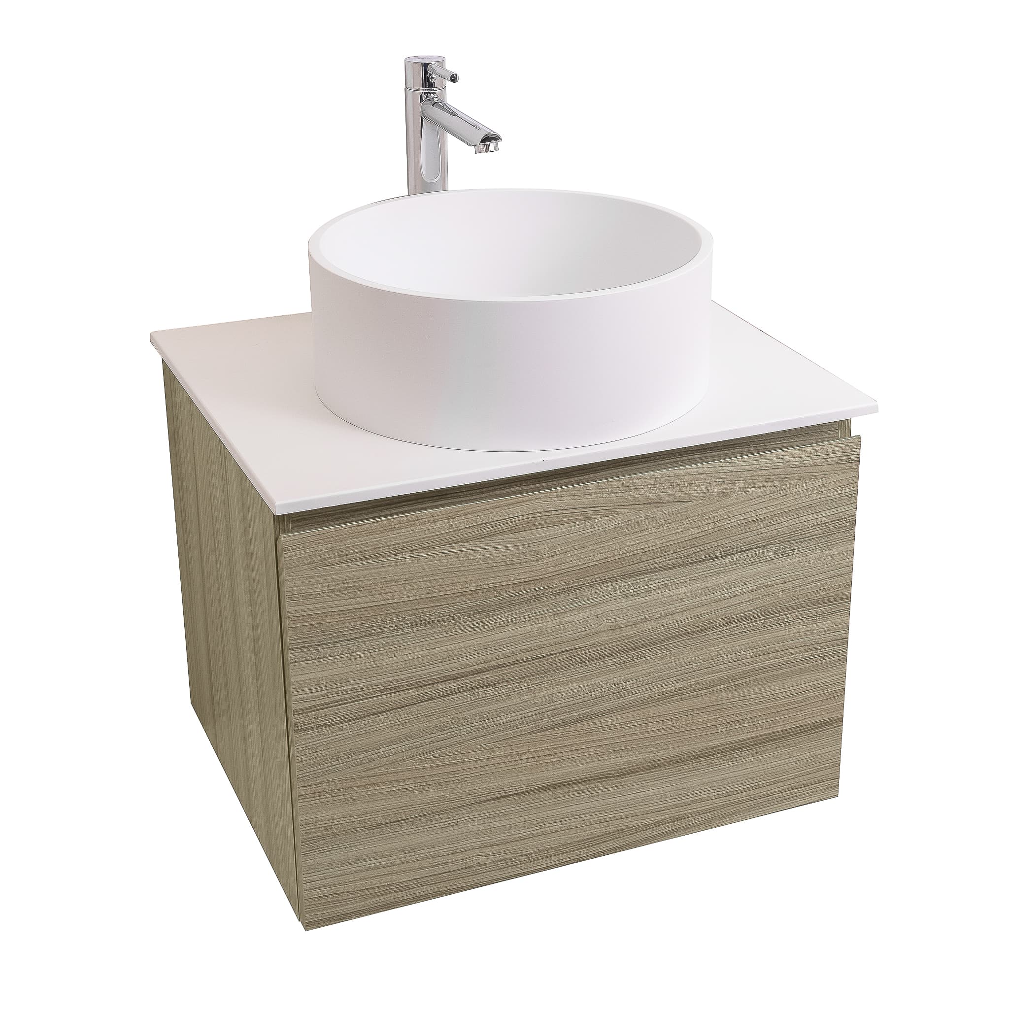 Venice 23.5 Nilo Grey Wood Texture Cabinet, Solid Surface Flat White Counter And Round Solid Surface White Basin 1386, Wall Mounted Modern Vanity Set