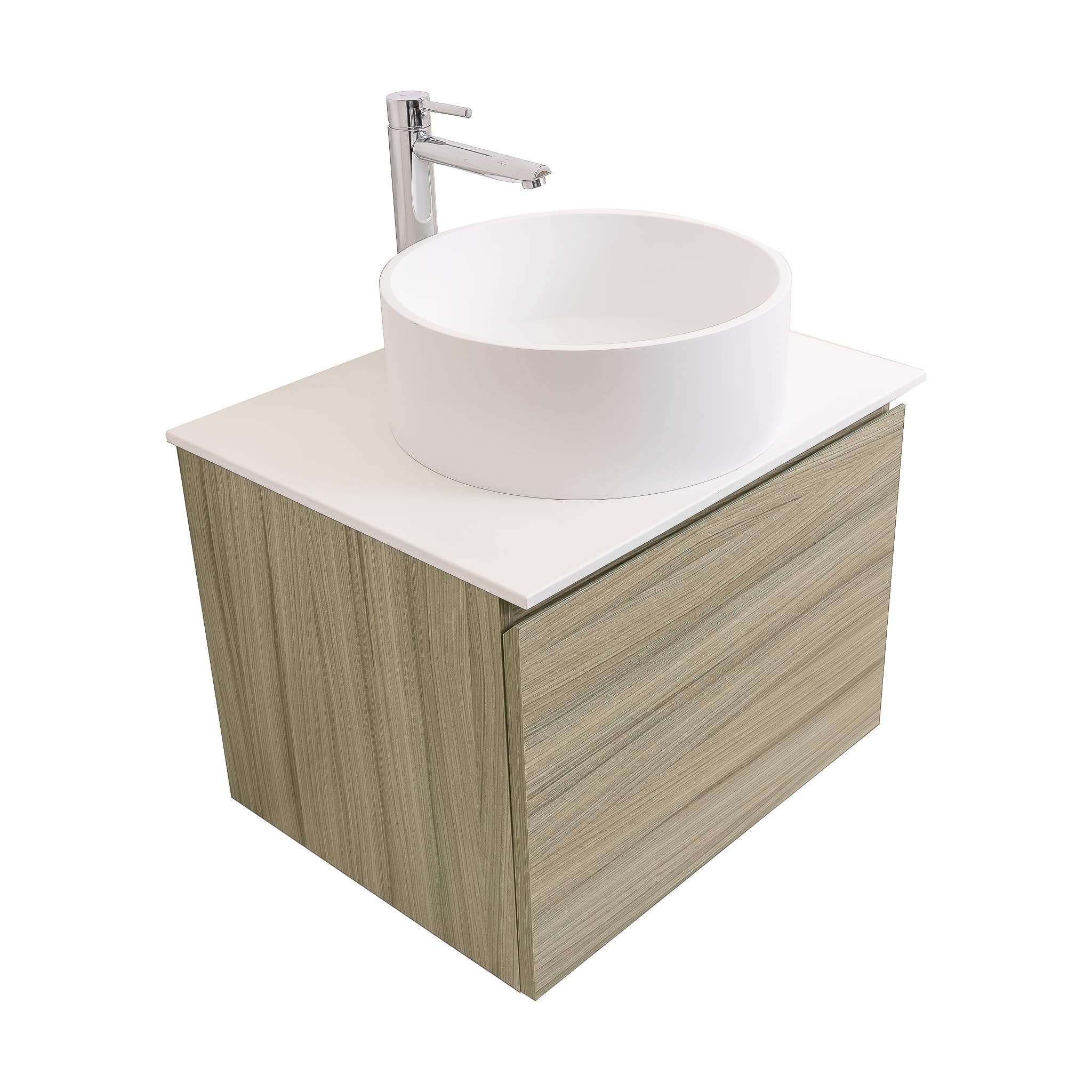 Venice 23.5 Nilo Grey Wood Texture Cabinet, Solid Surface Flat White Counter And Round Solid Surface White Basin 1386, Wall Mounted Modern Vanity Set