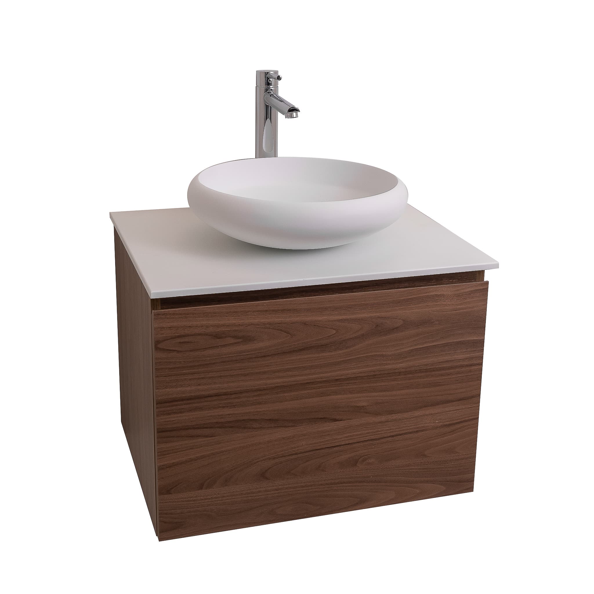 Venice 23.5 Walnut Wood Texture Cabinet, Solid Surface Flat White Counter And Round Solid Surface White Basin 1153, Wall Mounted Modern Vanity Set