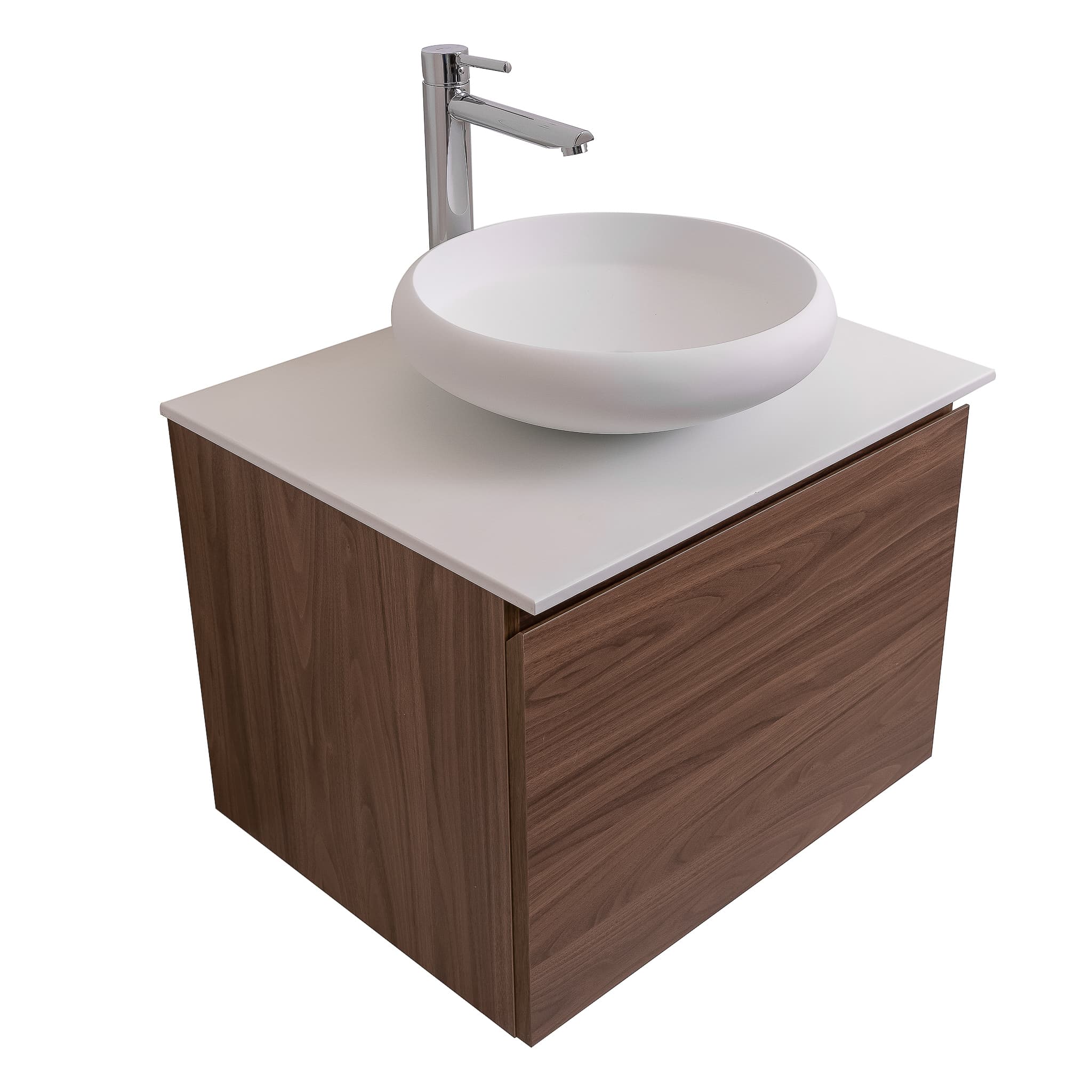 Venice 23.5 Walnut Wood Texture Cabinet, Solid Surface Flat White Counter And Round Solid Surface White Basin 1153, Wall Mounted Modern Vanity Set