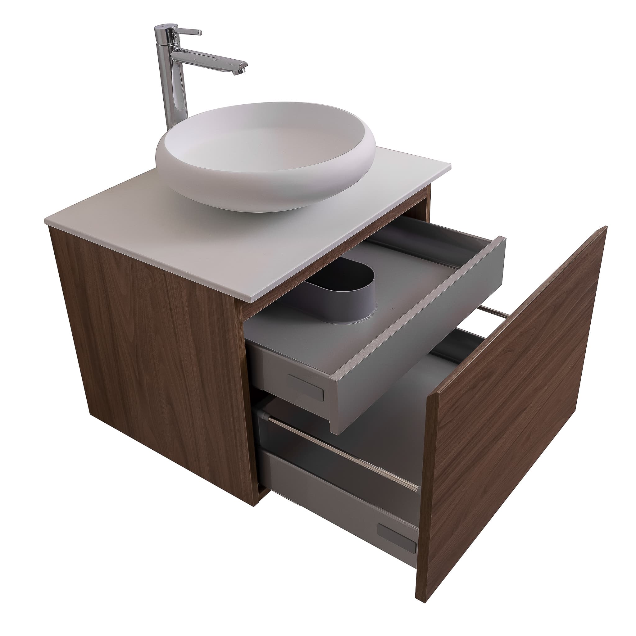 Venice 23.5 Walnut Wood Texture Cabinet, Solid Surface Flat White Counter And Round Solid Surface White Basin 1153, Wall Mounted Modern Vanity Set