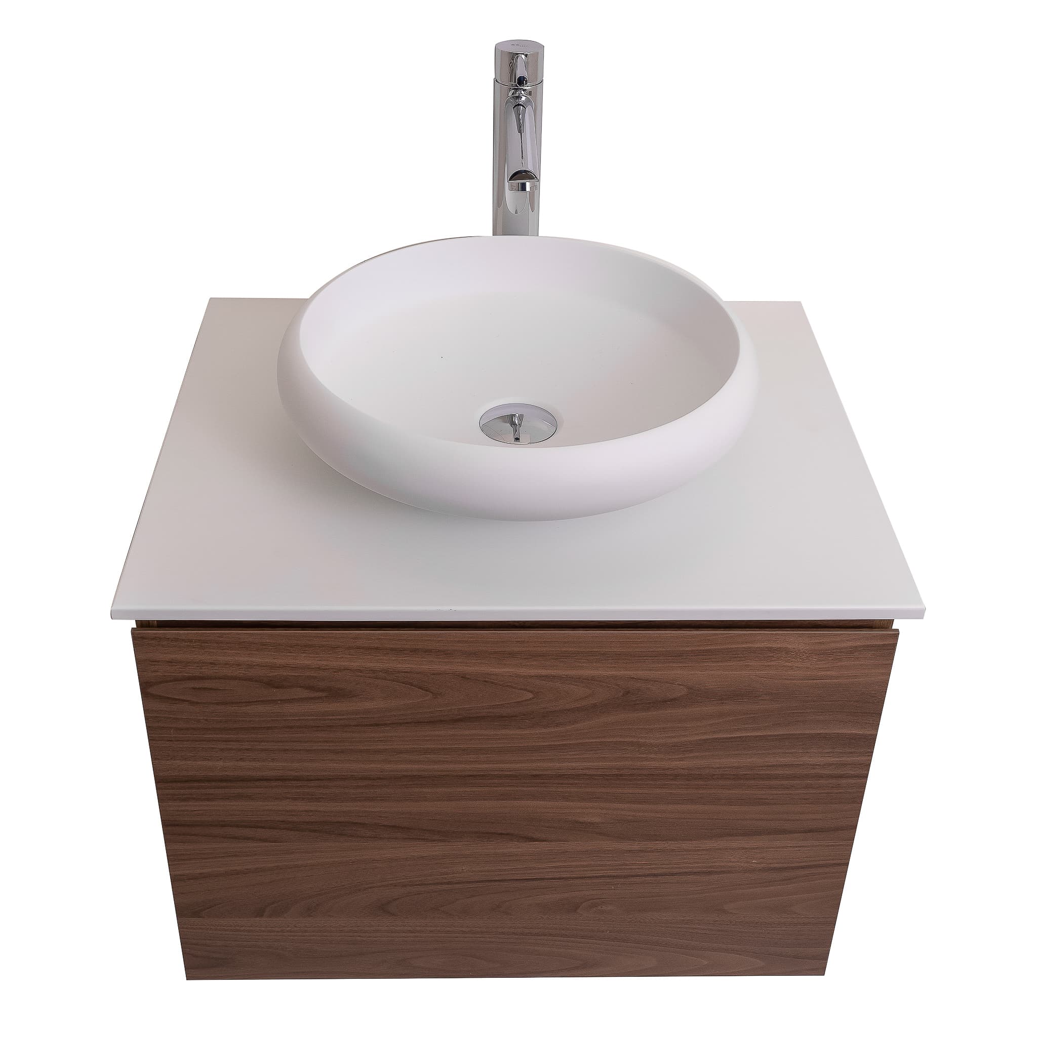 Venice 23.5 Walnut Wood Texture Cabinet, Solid Surface Flat White Counter And Round Solid Surface White Basin 1153, Wall Mounted Modern Vanity Set