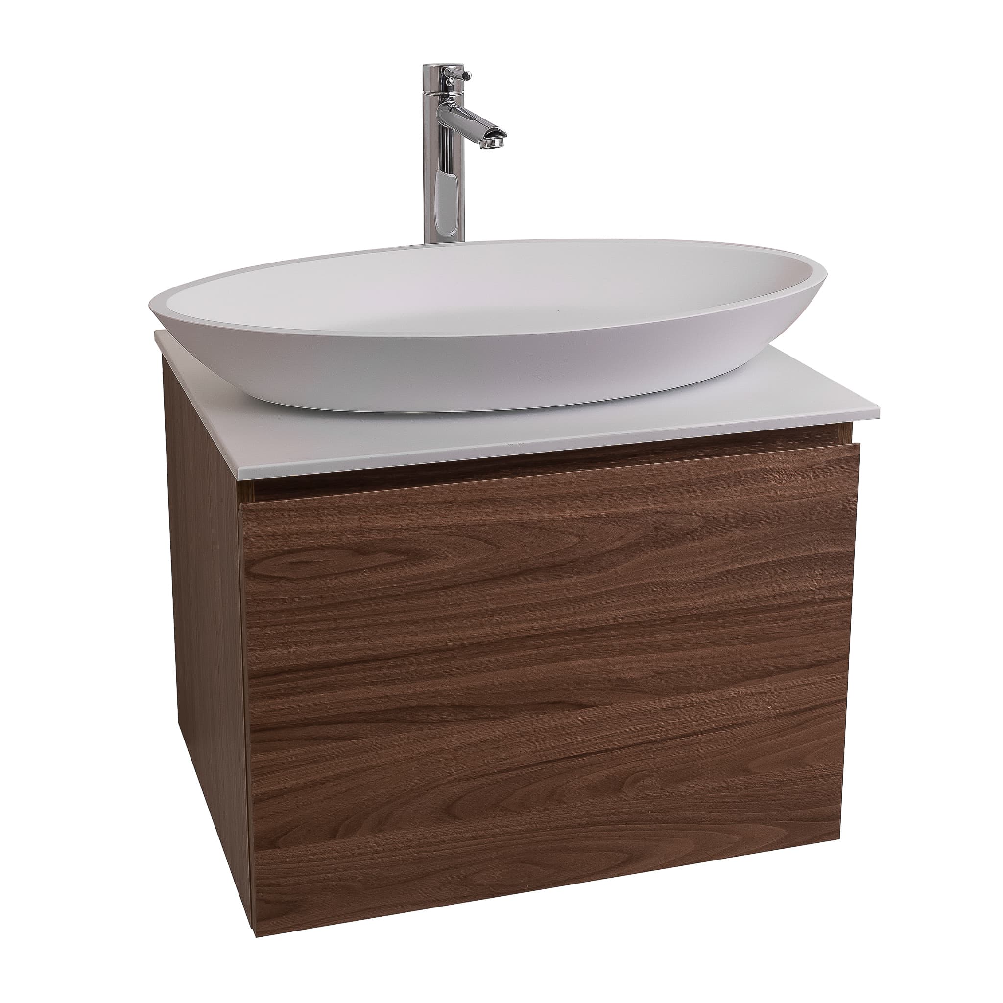 Venice 23.5 Walnut Wood Texture Cabinet, Solid Surface Flat White Counter And Oval Solid Surface White Basin 1305, Wall Mounted Modern Vanity Set