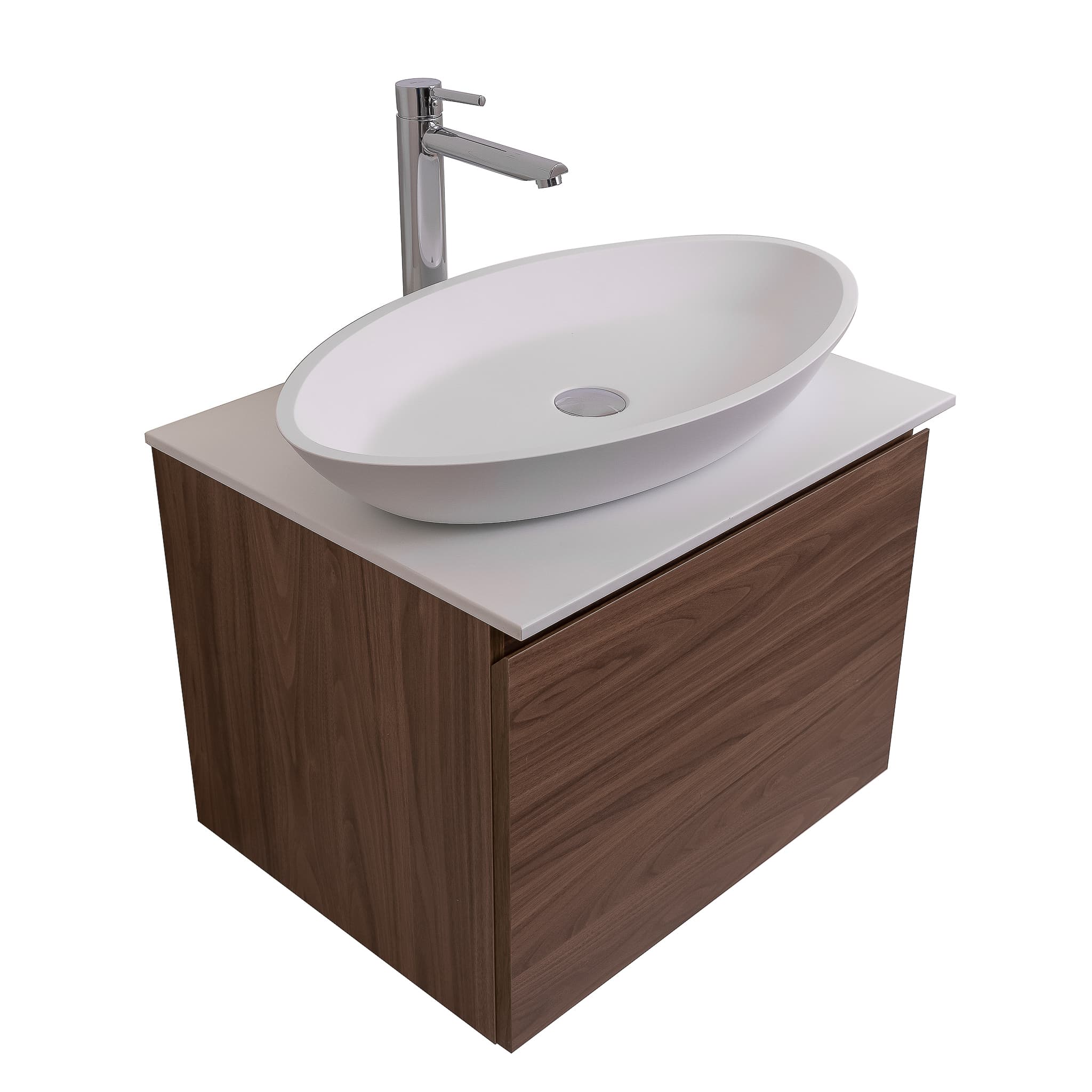 Venice 23.5 Walnut Wood Texture Cabinet, Solid Surface Flat White Counter And Oval Solid Surface White Basin 1305, Wall Mounted Modern Vanity Set