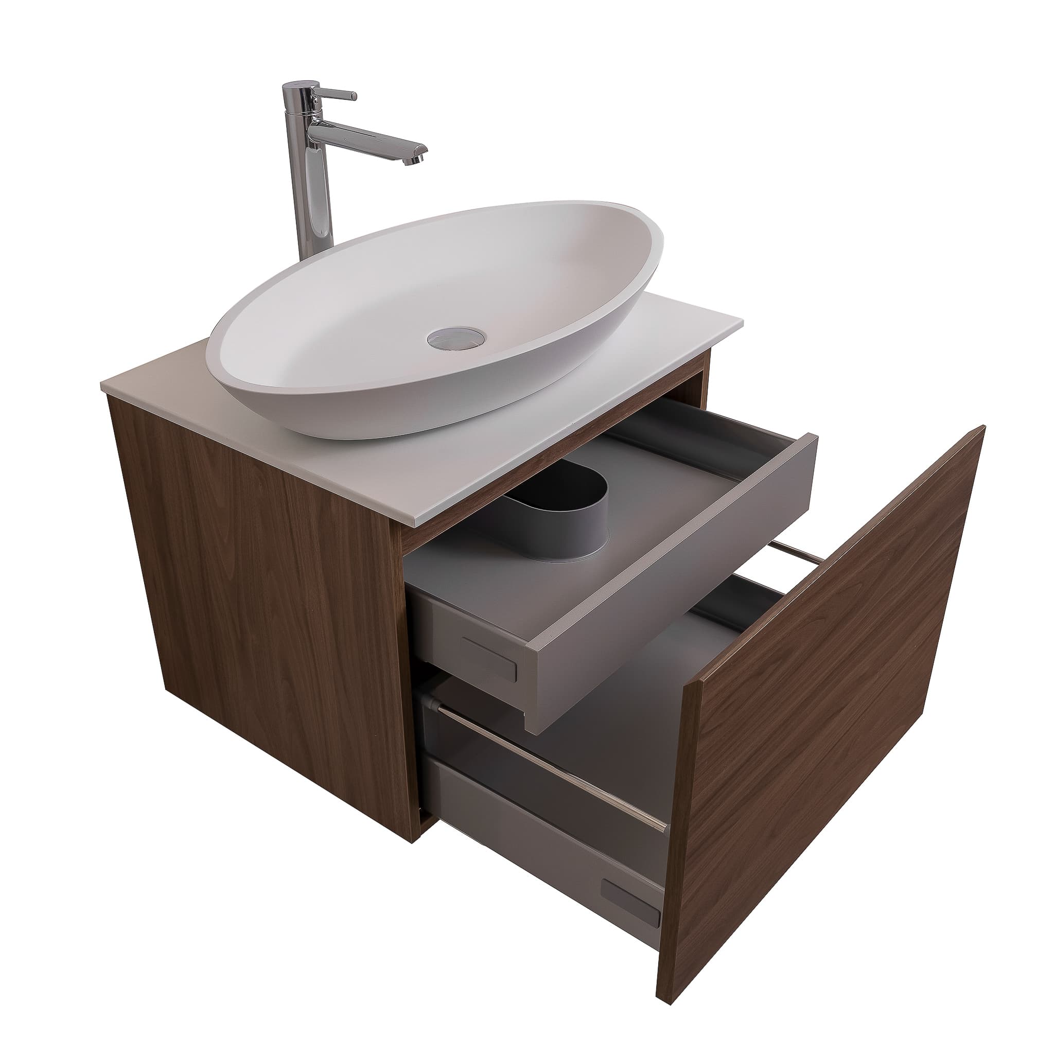 Venice 23.5 Walnut Wood Texture Cabinet, Solid Surface Flat White Counter And Oval Solid Surface White Basin 1305, Wall Mounted Modern Vanity Set