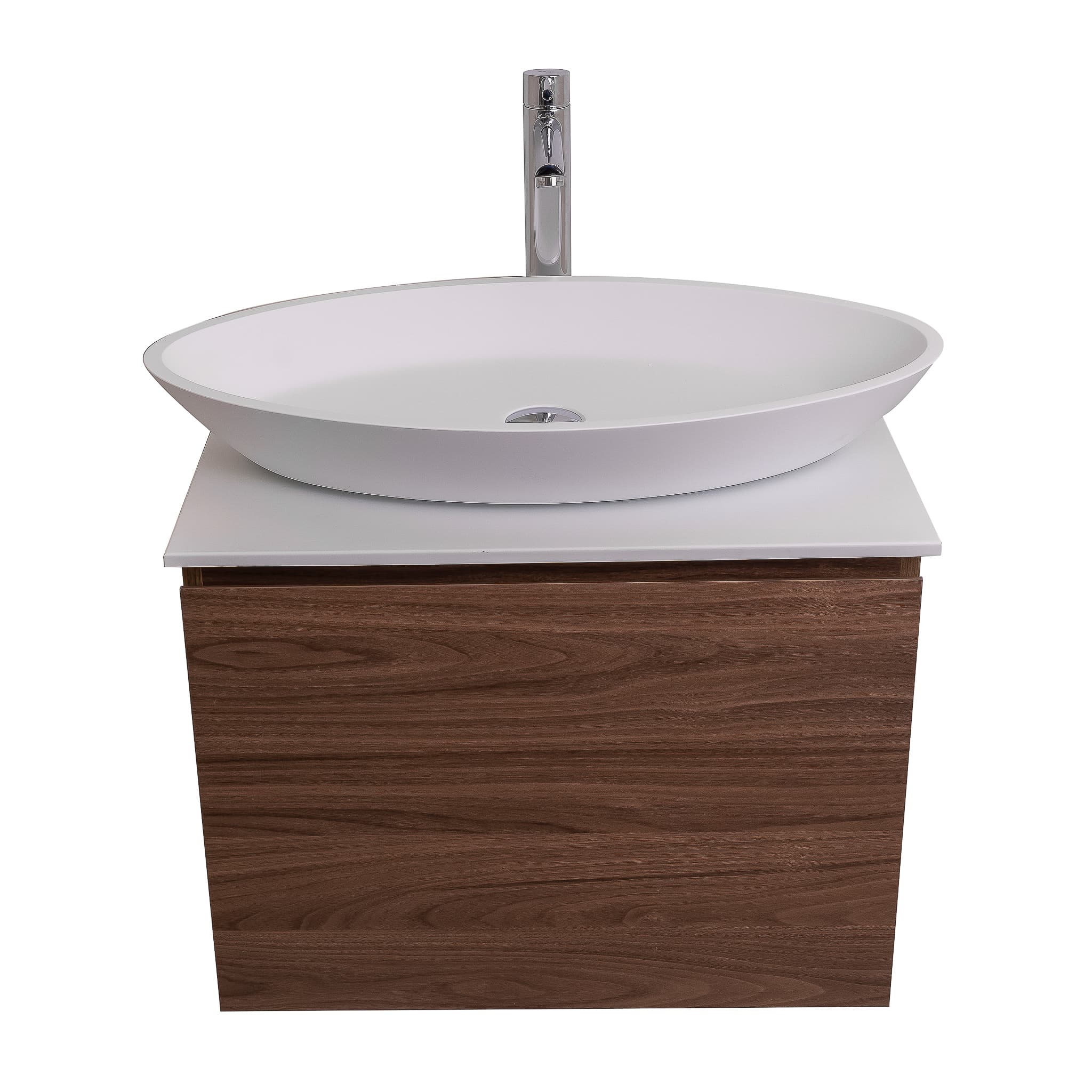 Venice 23.5 Walnut Wood Texture Cabinet, Solid Surface Flat White Counter And Oval Solid Surface White Basin 1305, Wall Mounted Modern Vanity Set
