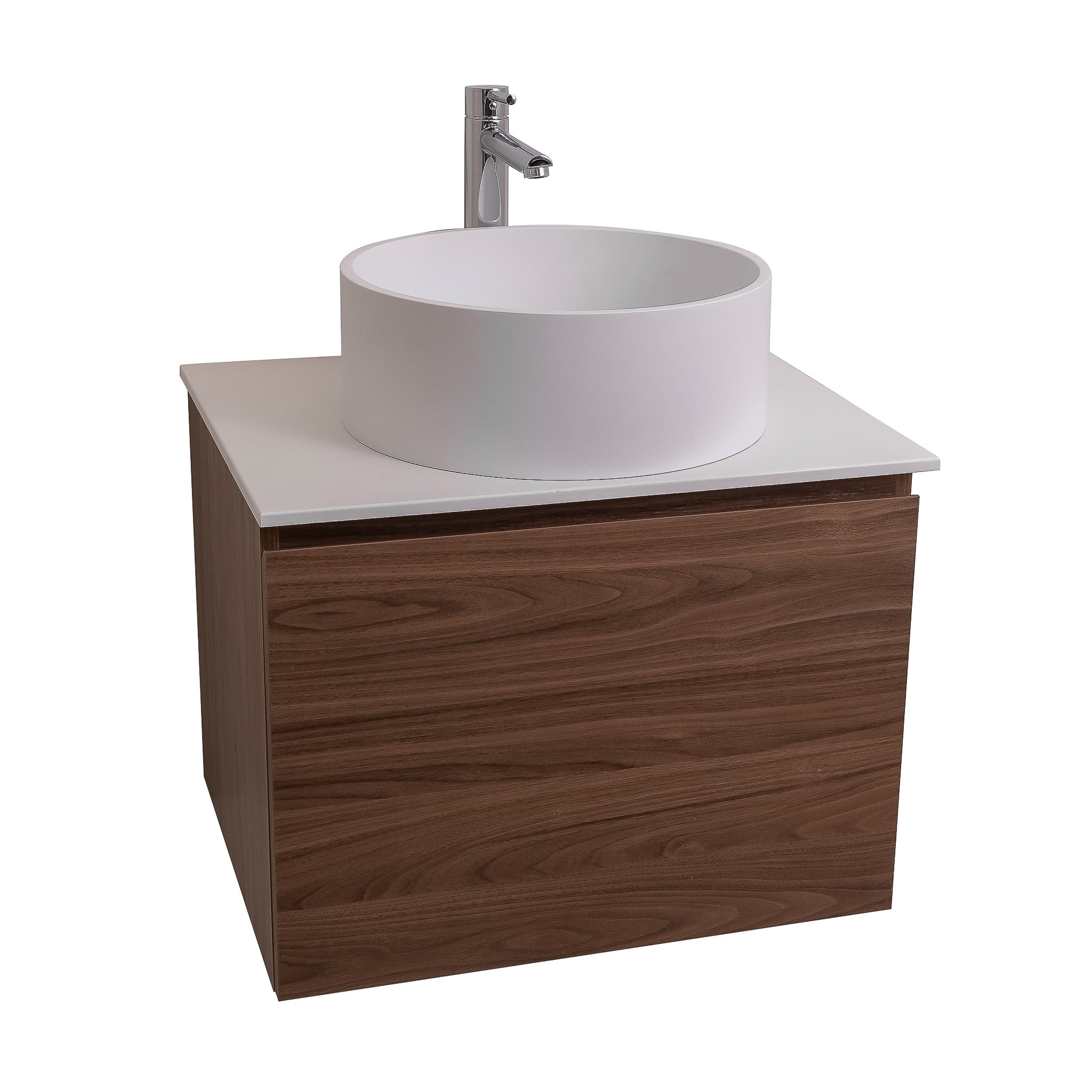 Venice 23.5 Walnut Wood Texture Cabinet, Solid Surface Flat White Counter And Round Solid Surface White Basin 1386, Wall Mounted Modern Vanity Set