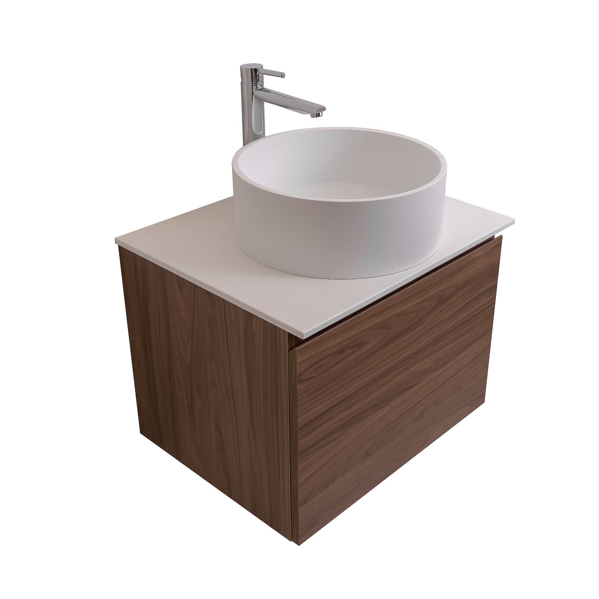 Venice 23.5 Walnut Wood Texture Cabinet, Solid Surface Flat White Counter And Round Solid Surface White Basin 1386, Wall Mounted Modern Vanity Set