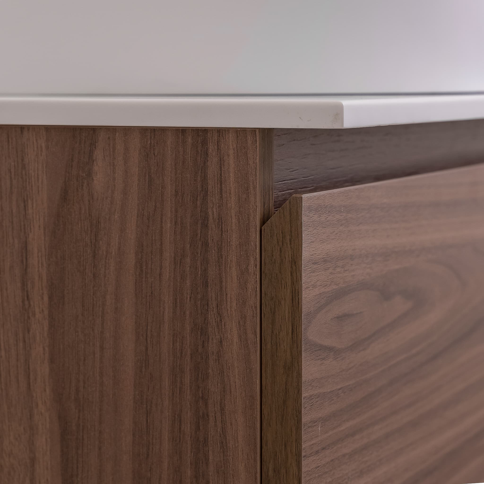 Venice 23.5 Walnut Wood Texture Cabinet, Solid Surface Flat White Counter And Round Solid Surface White Basin 1386, Wall Mounted Modern Vanity Set